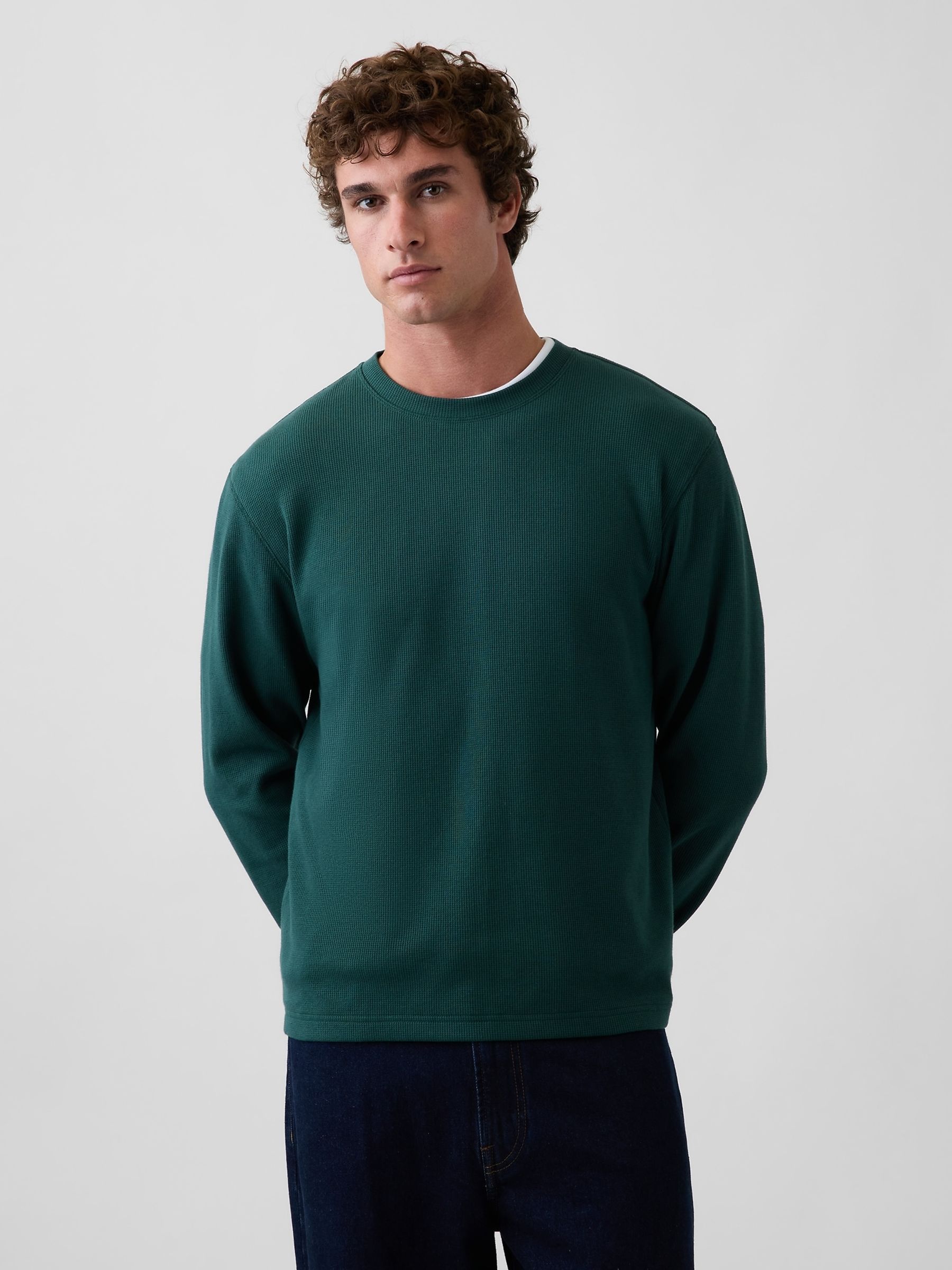 Dark Green Relaxed Waffle Knit Long Sleeve T-Shirt - Image 1 of 4