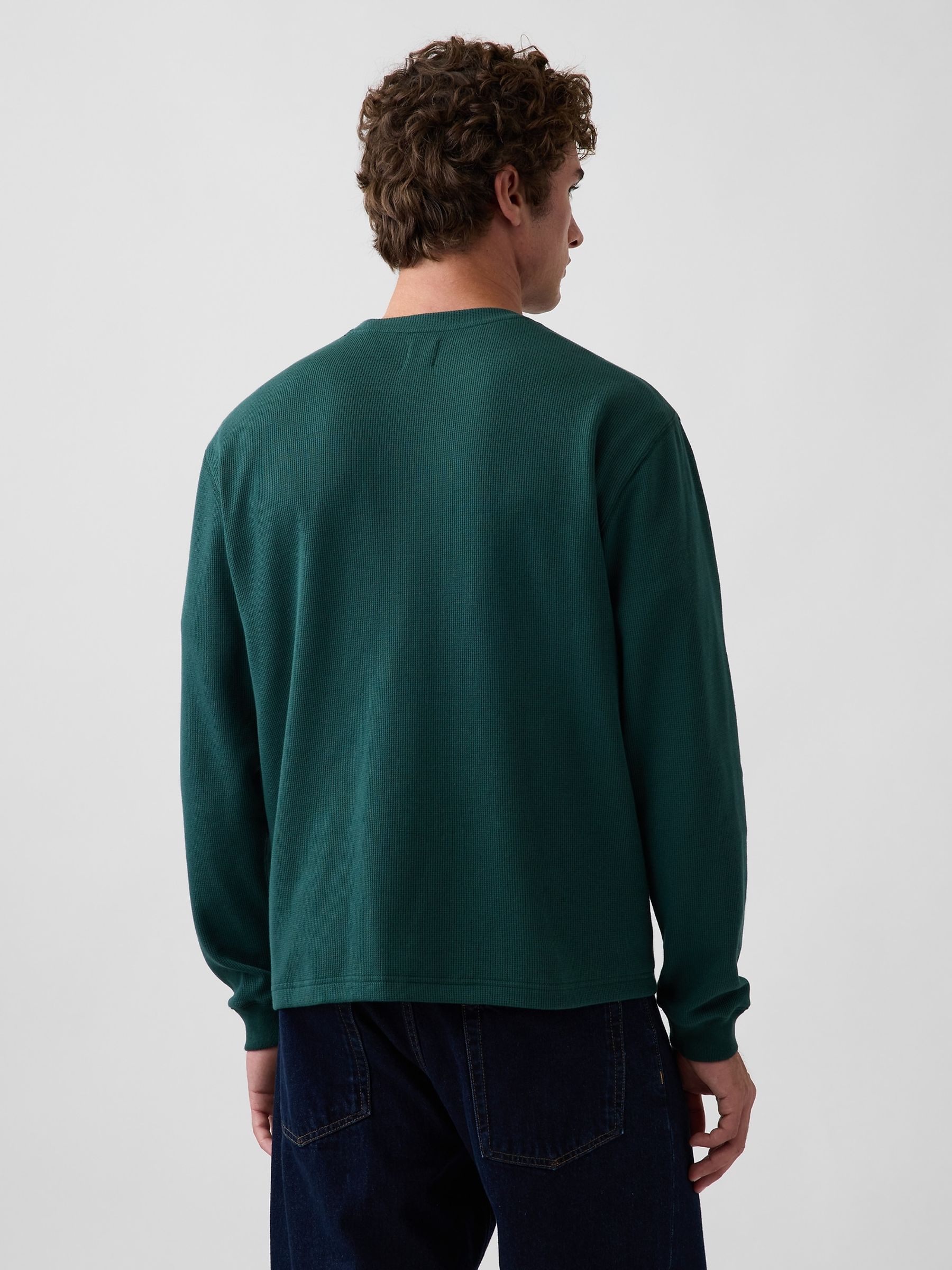 Dark Green Relaxed Waffle Knit Long Sleeve T-Shirt - Image 2 of 4 Dark Green Relaxed Waffle Knit Long Sleeve T-Shirt - Image 2 of 4