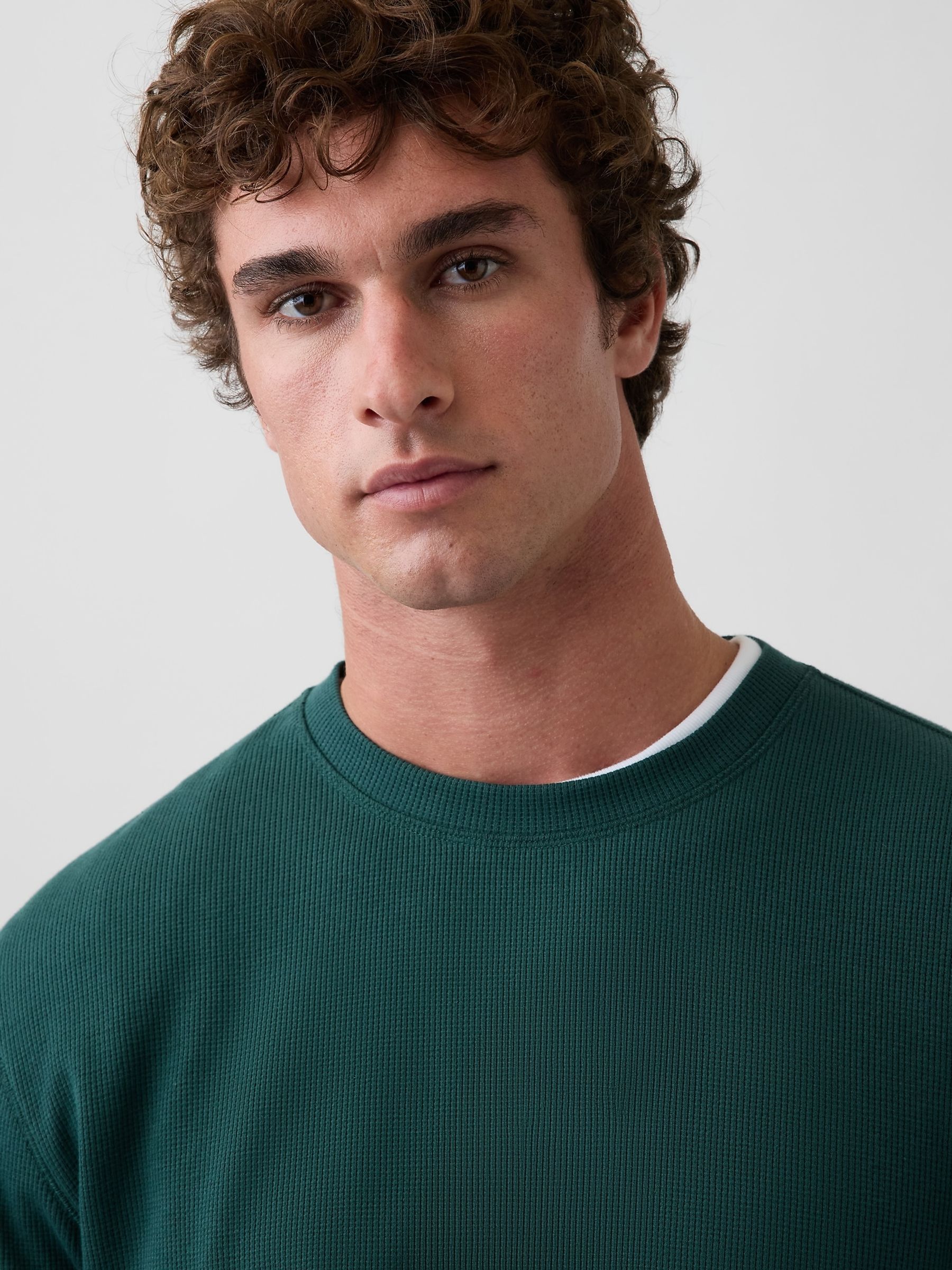 Dark Green Relaxed Waffle Knit Long Sleeve T-Shirt - Image 3 of 4