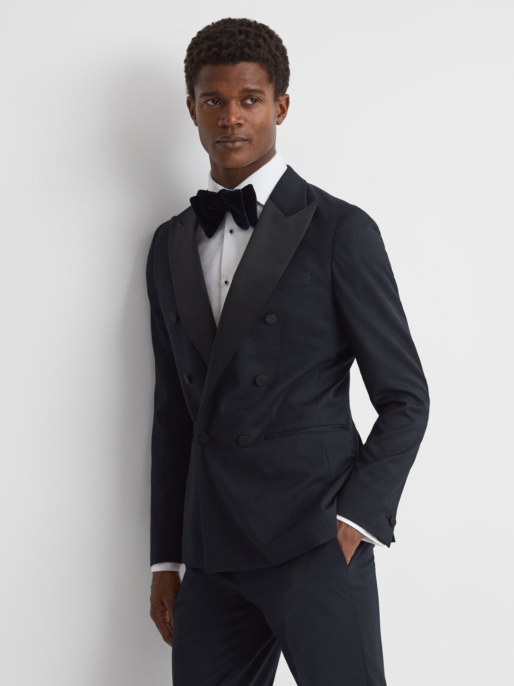 Modern Fit Satin Lapel Double Breasted Jacquard Blazer in Navy - Image 1 of 7