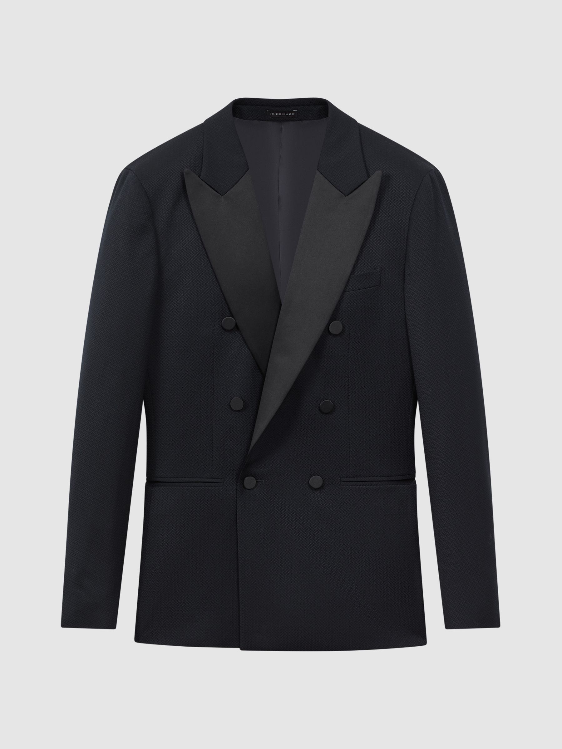 Modern Fit Satin Lapel Double Breasted Jacquard Blazer in Navy - Image 2 of 7