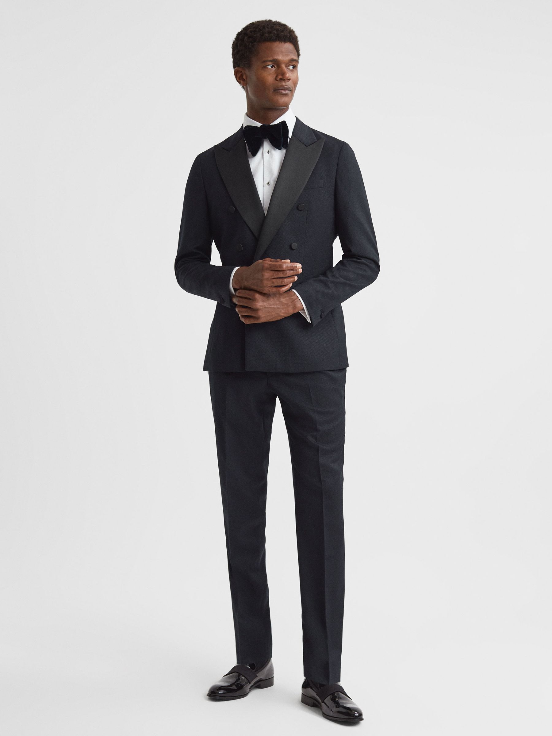 Modern Fit Satin Lapel Double Breasted Jacquard Blazer in Navy - Image 3 of 7