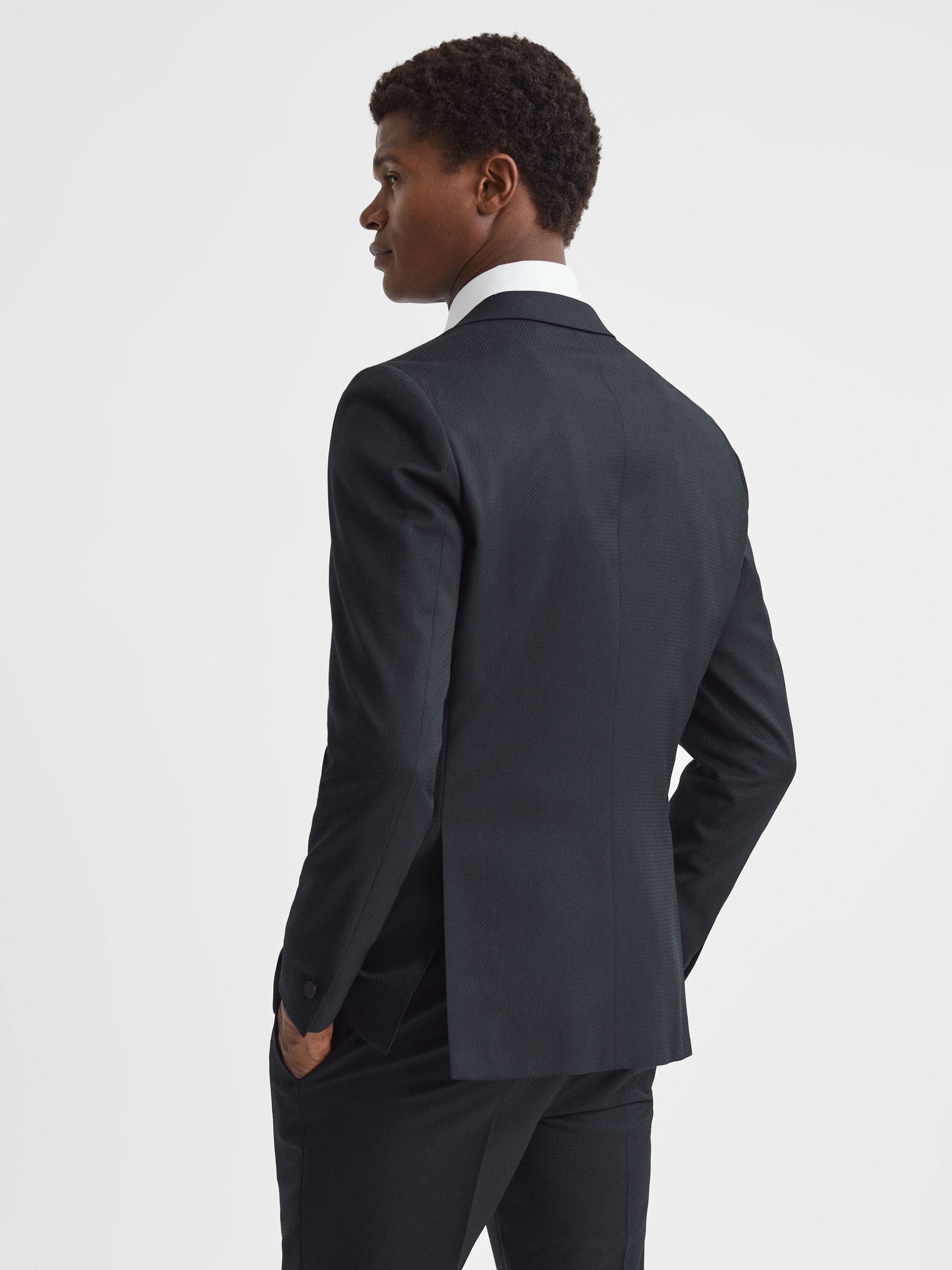 Modern Fit Satin Lapel Double Breasted Jacquard Blazer in Navy - Image 5 of 7