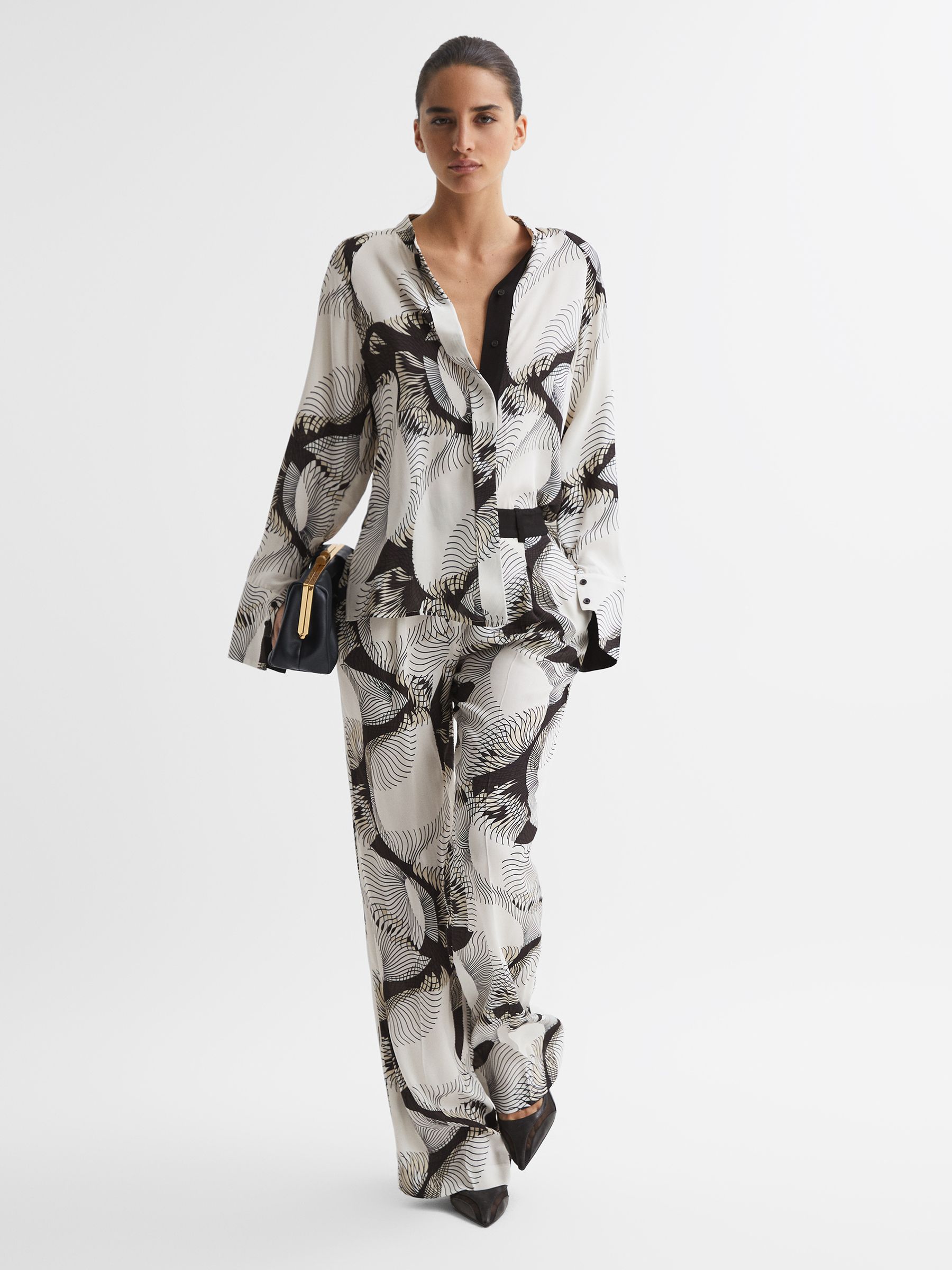 Wide Leg Abstract Print Co-Ord Trousers in Black/White - Image 1 of 4 Wide Leg Abstract Print Co-Ord Trousers in Black/White - Image 1 of 4