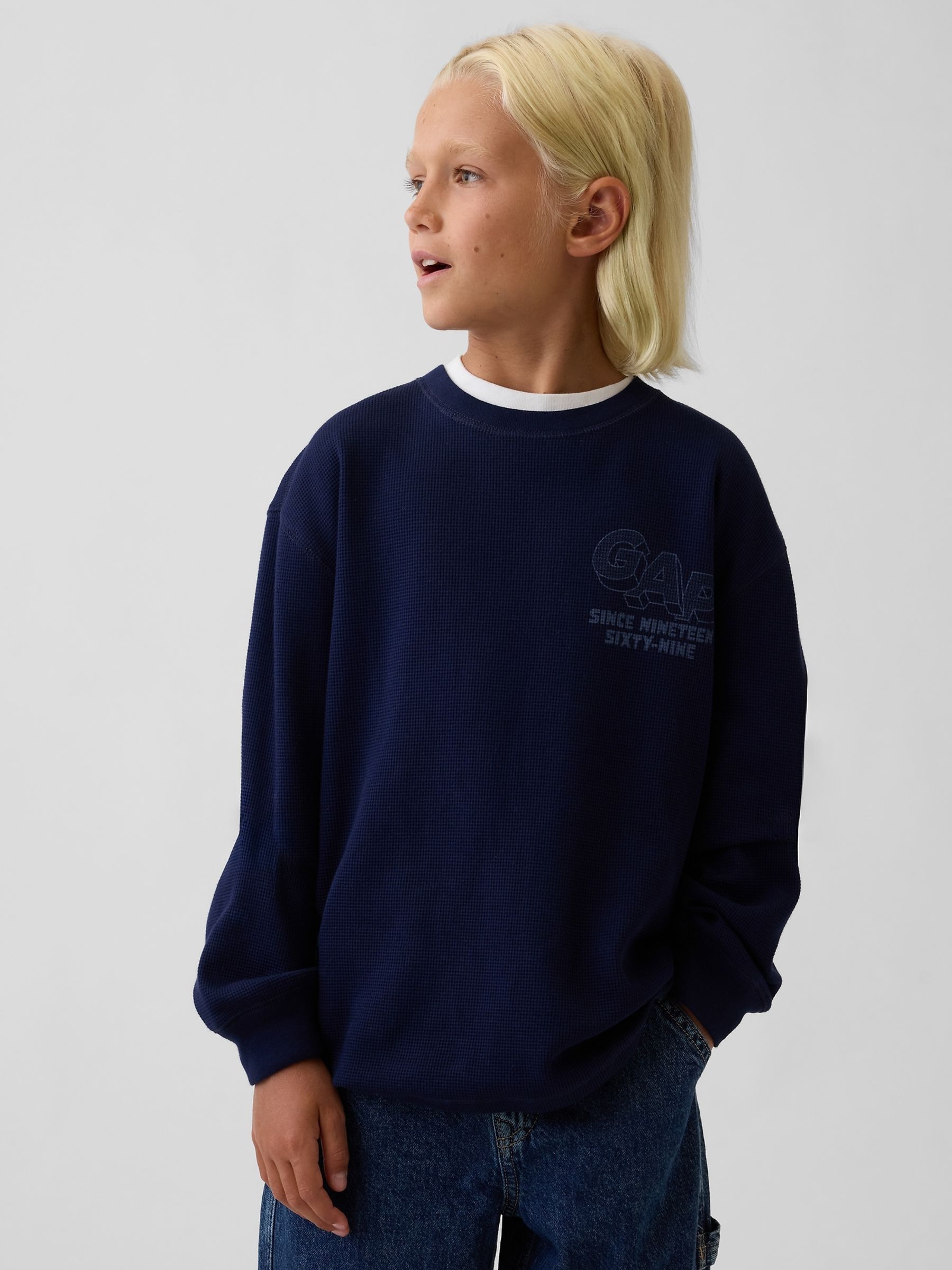 Navy Waffle Long Sleeve T-Shirt - Image 1 of 5