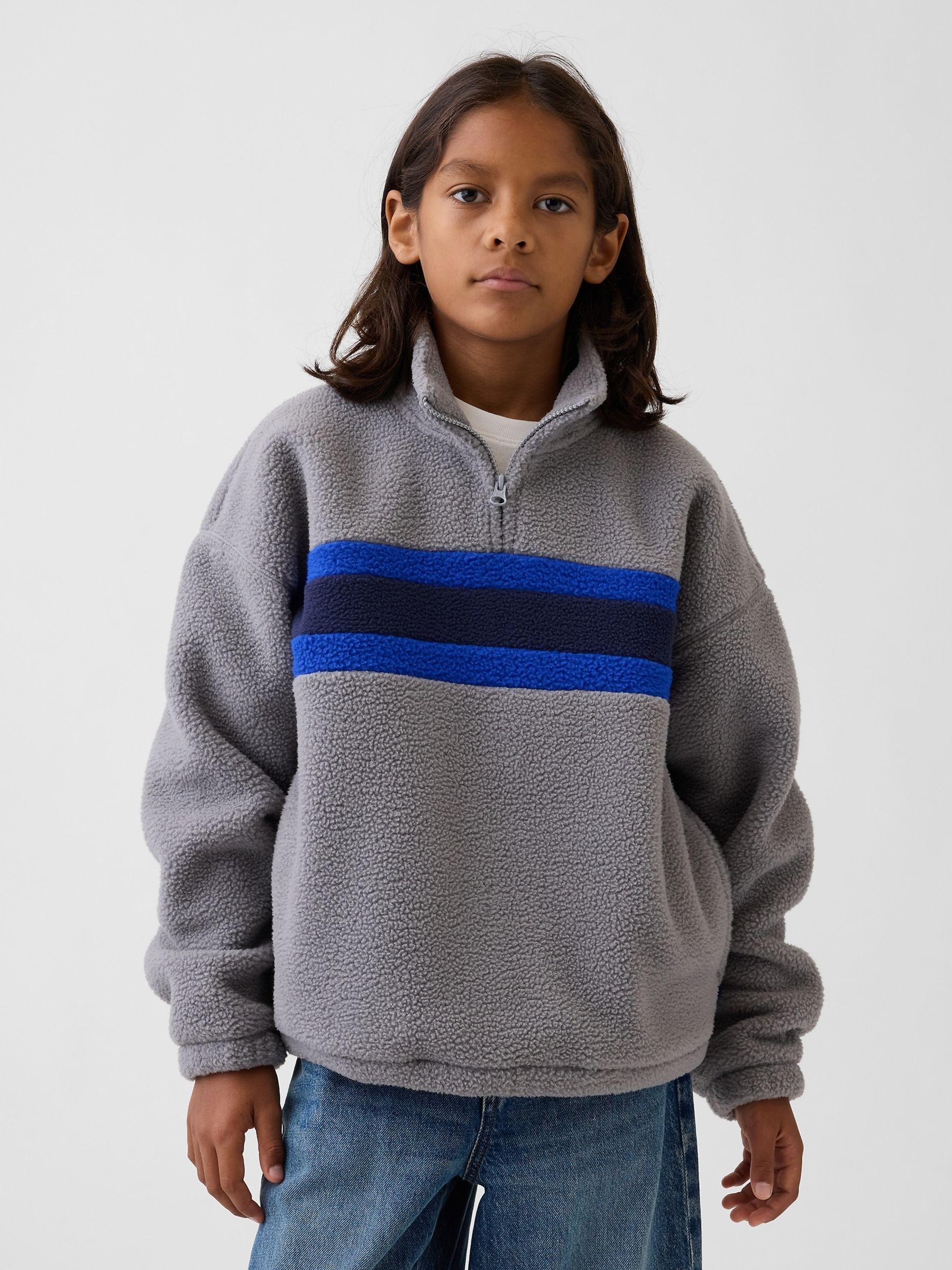 Grey Sherpa Relaxed Quarter-Zip Sweatshirt - Image 1 of 4 Grey Sherpa Relaxed Quarter-Zip Sweatshirt - Image 1 of 4