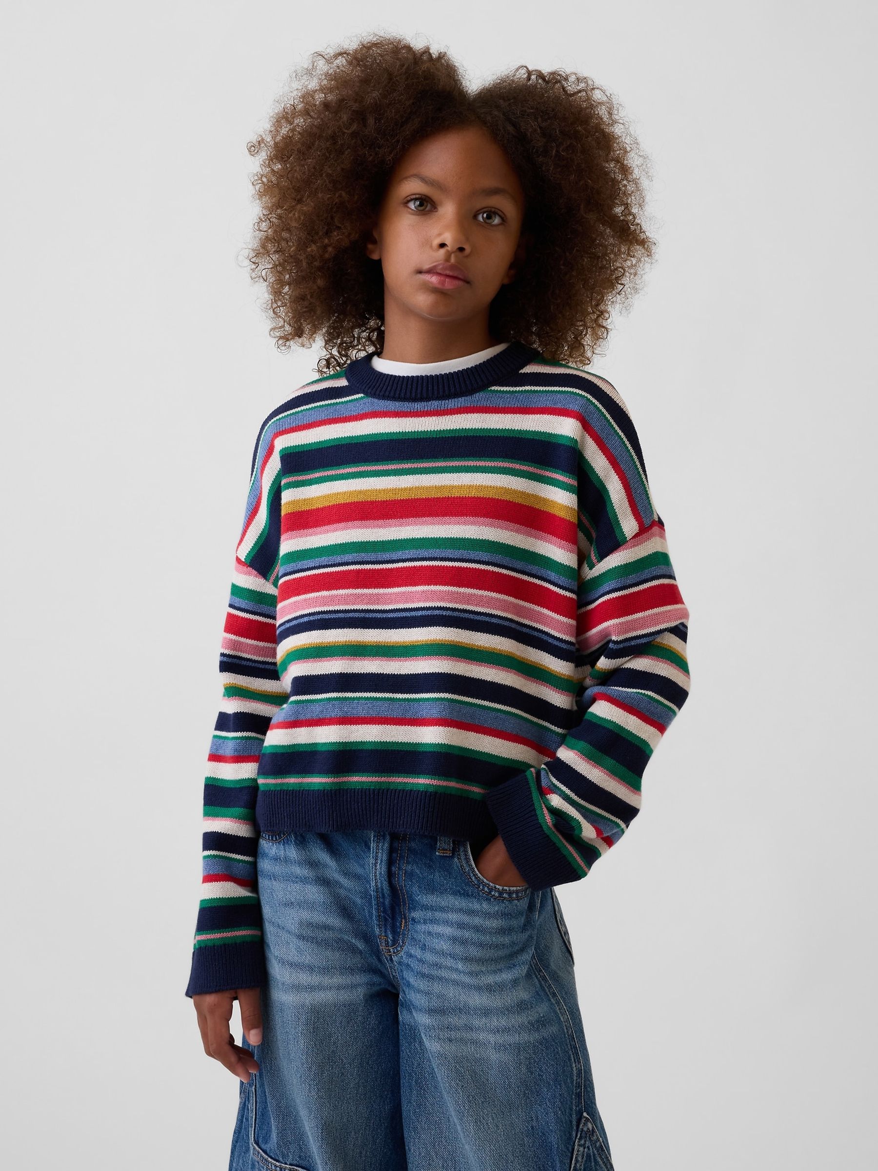 Multi Stripe Oversized Crew Neck Jumper - Image 1 of 5 Multi Stripe Oversized Crew Neck Jumper - Image 1 of 5