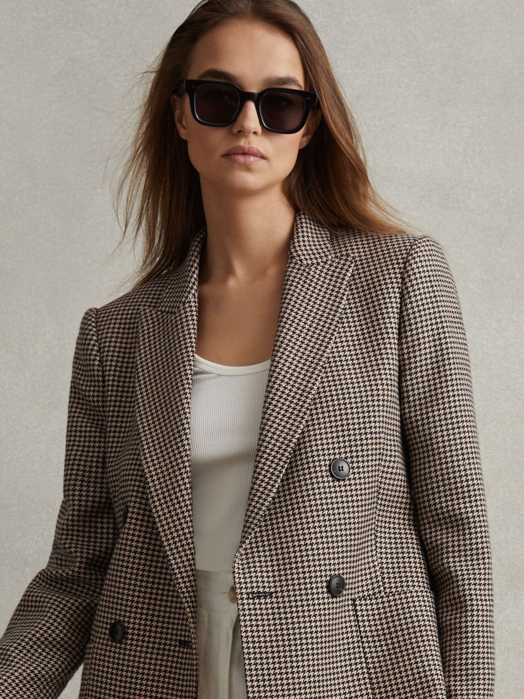 Ella Black/Camel Petite Wool Blend Double Breasted Dogtooth Blazer - Image 1 of 6