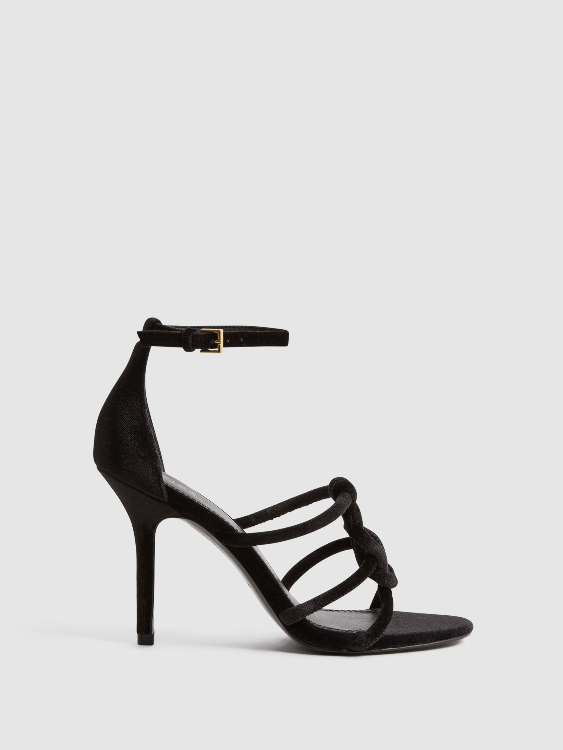 Velour Strappy Open-Toe Heels in Black - Image 1 of 5