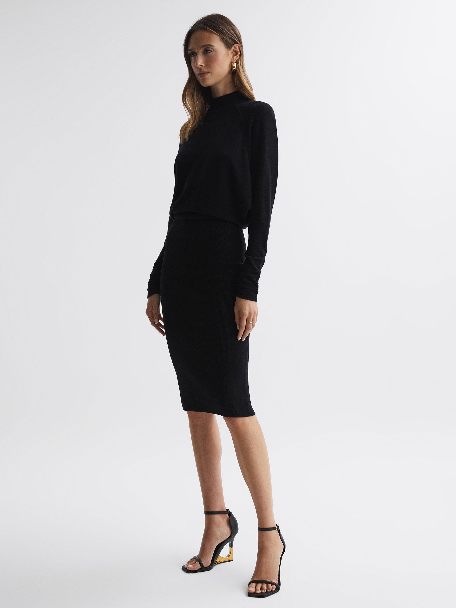Petite Wool Blend Ruched Sleeve Midi Dress in Black - Image 1 of 6