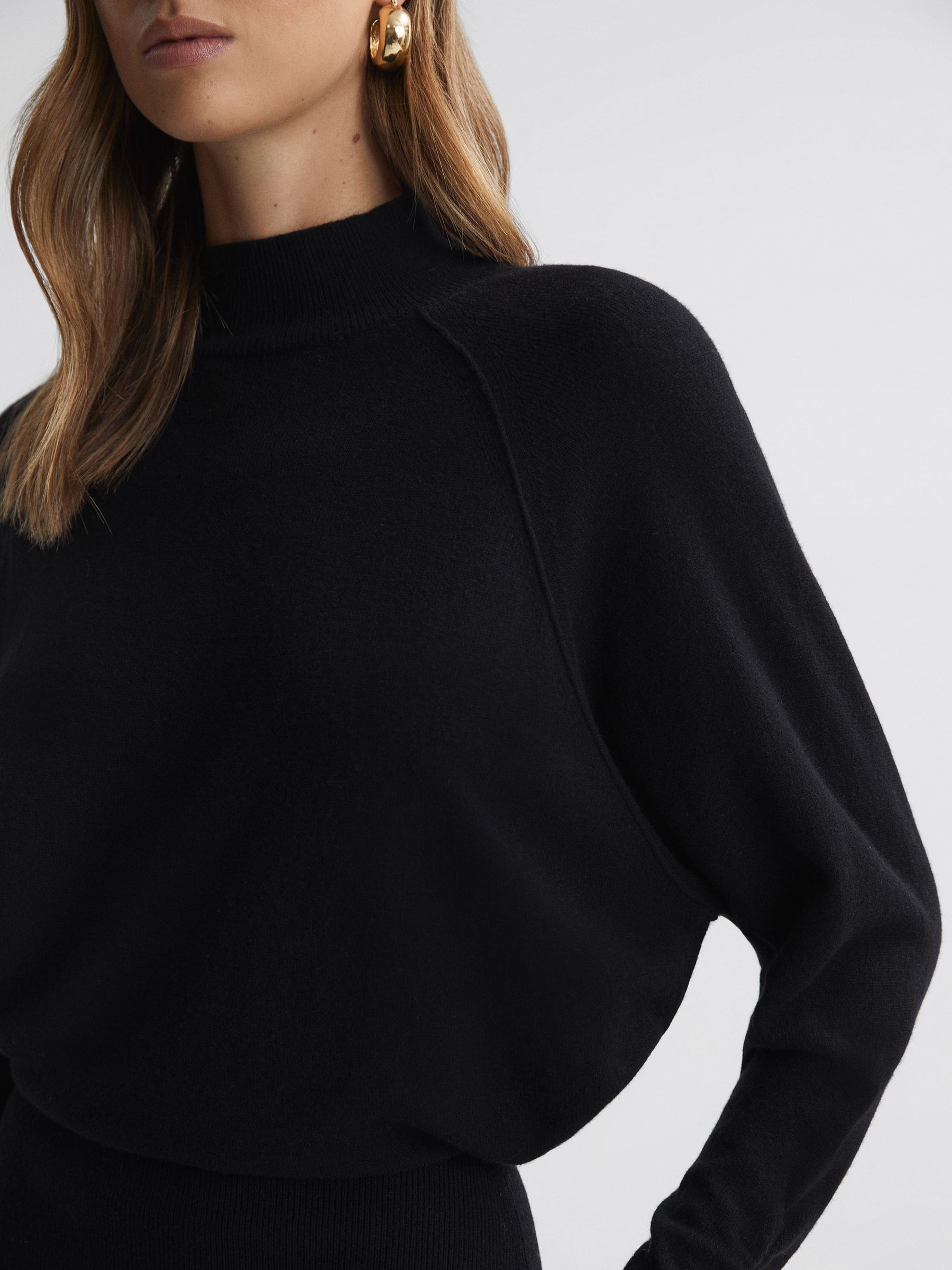 Petite Wool Blend Ruched Sleeve Midi Dress in Black - Image 3 of 6