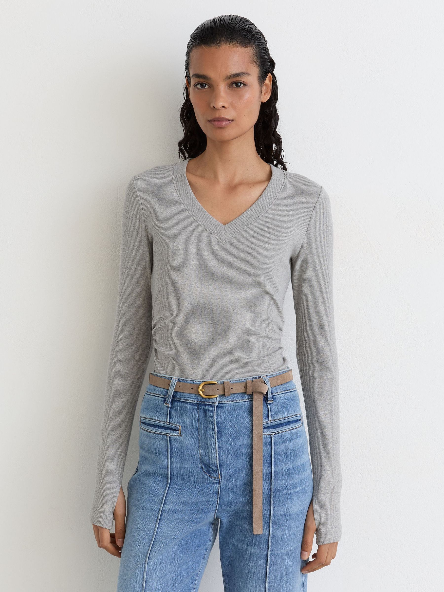 Cotton-Stretch V-Neck Ruched Top in Grey Marl - Image 1 of 6