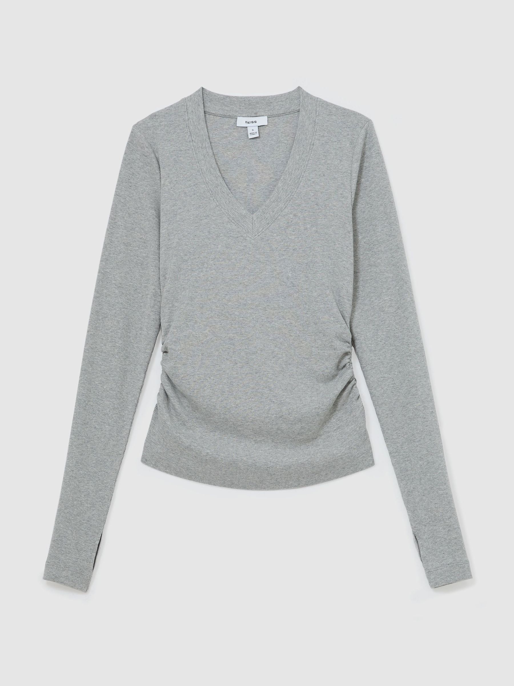 Cotton-Stretch V-Neck Ruched Top in Grey Marl - Image 2 of 6
