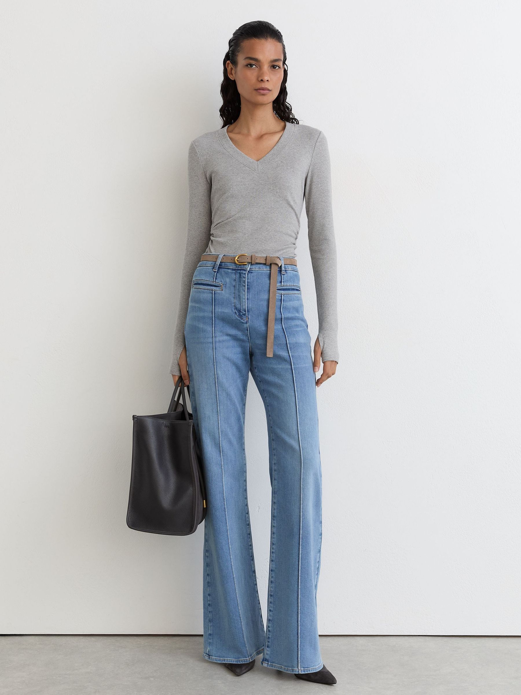 Cotton-Stretch V-Neck Ruched Top in Grey Marl - Image 4 of 6