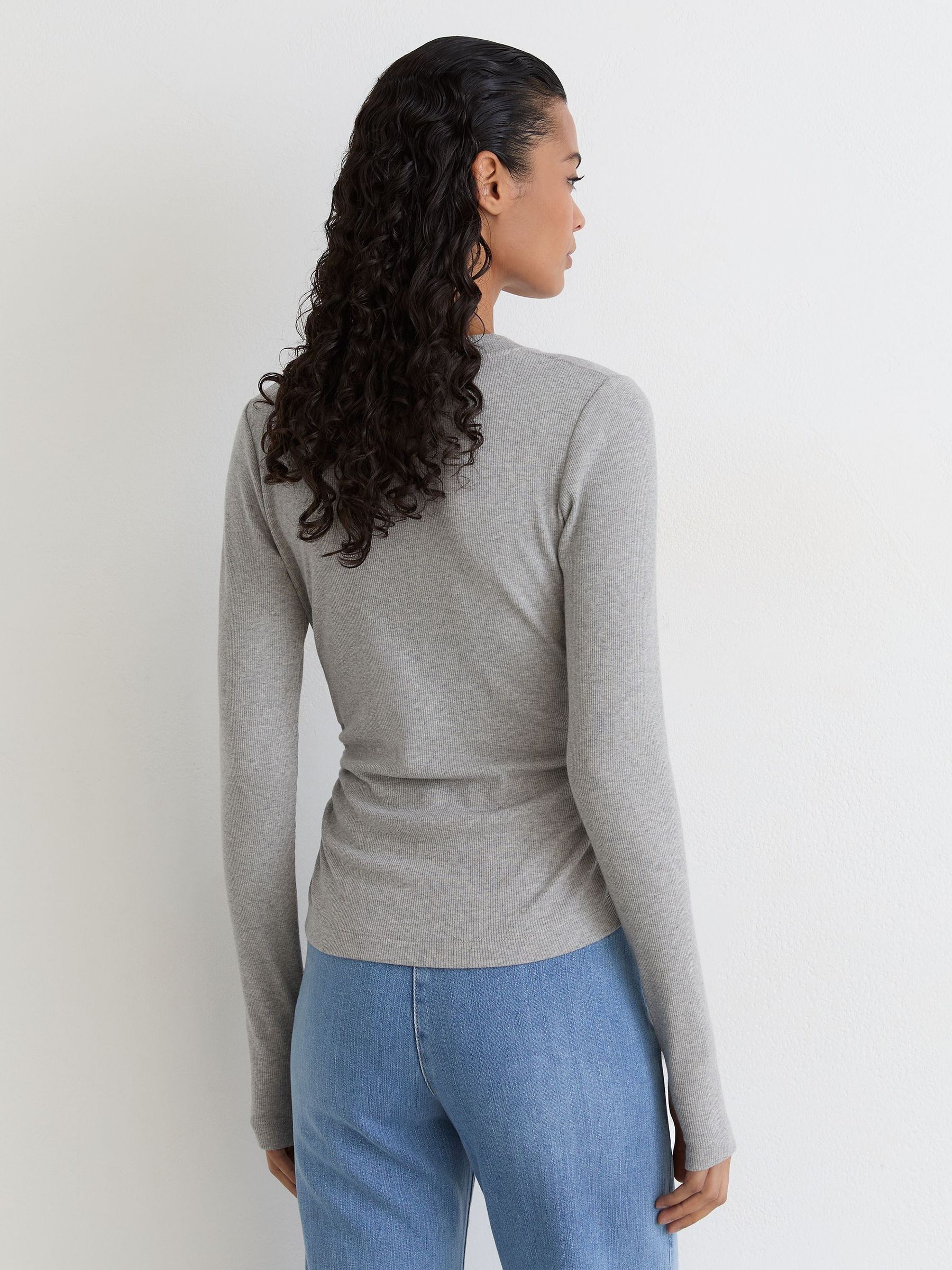 Cotton-Stretch V-Neck Ruched Top in Grey Marl - Image 5 of 6