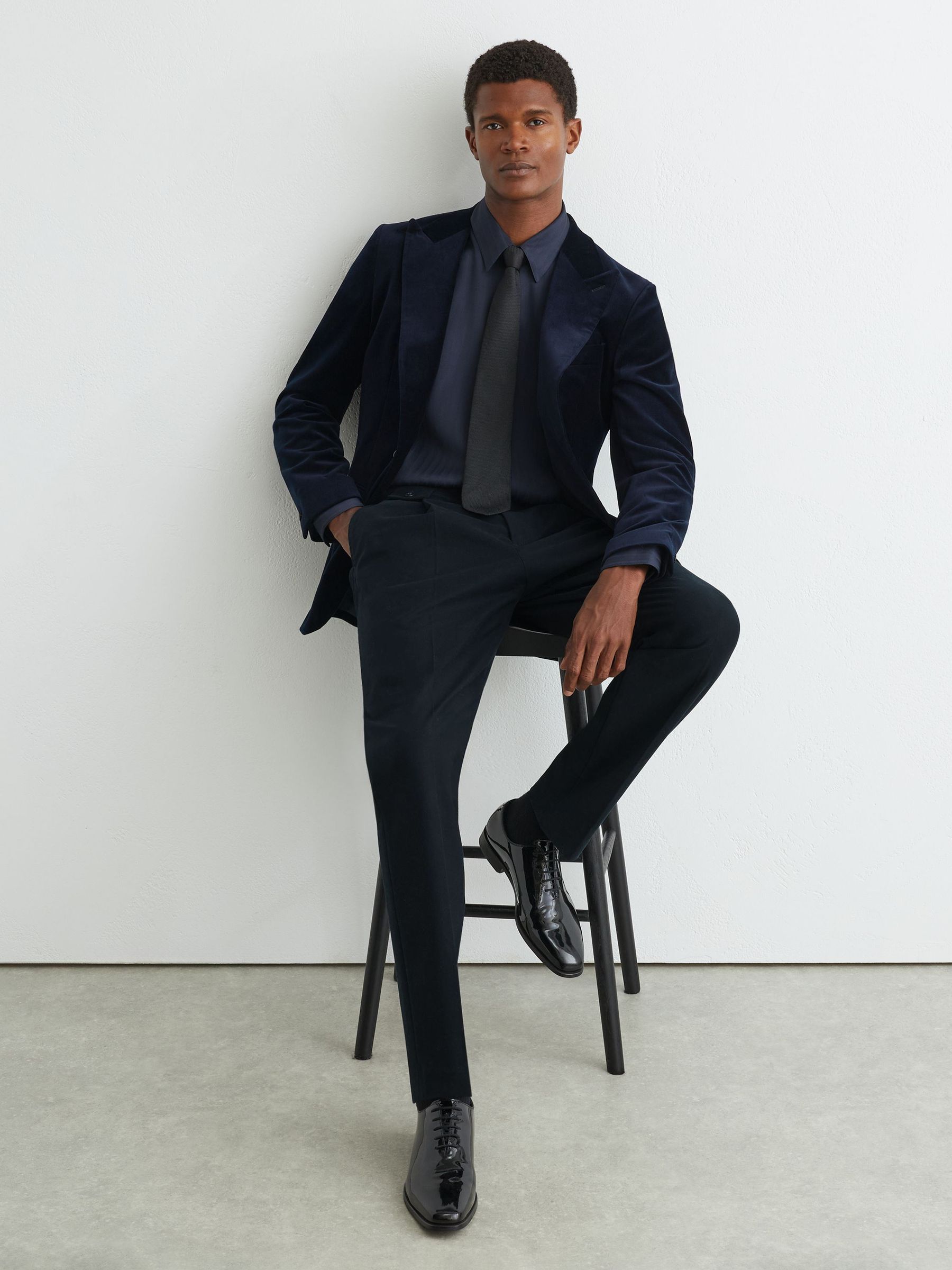 Cotton-Blend Moleskin Tapered Trousers in Navy - Image 1 of 7