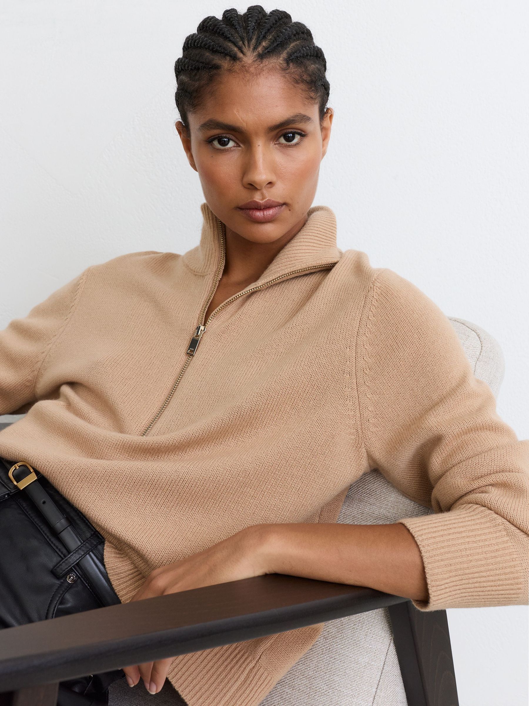 Wool-Cashmere Half-Zip Jumper in Camel - Image 1 of 7