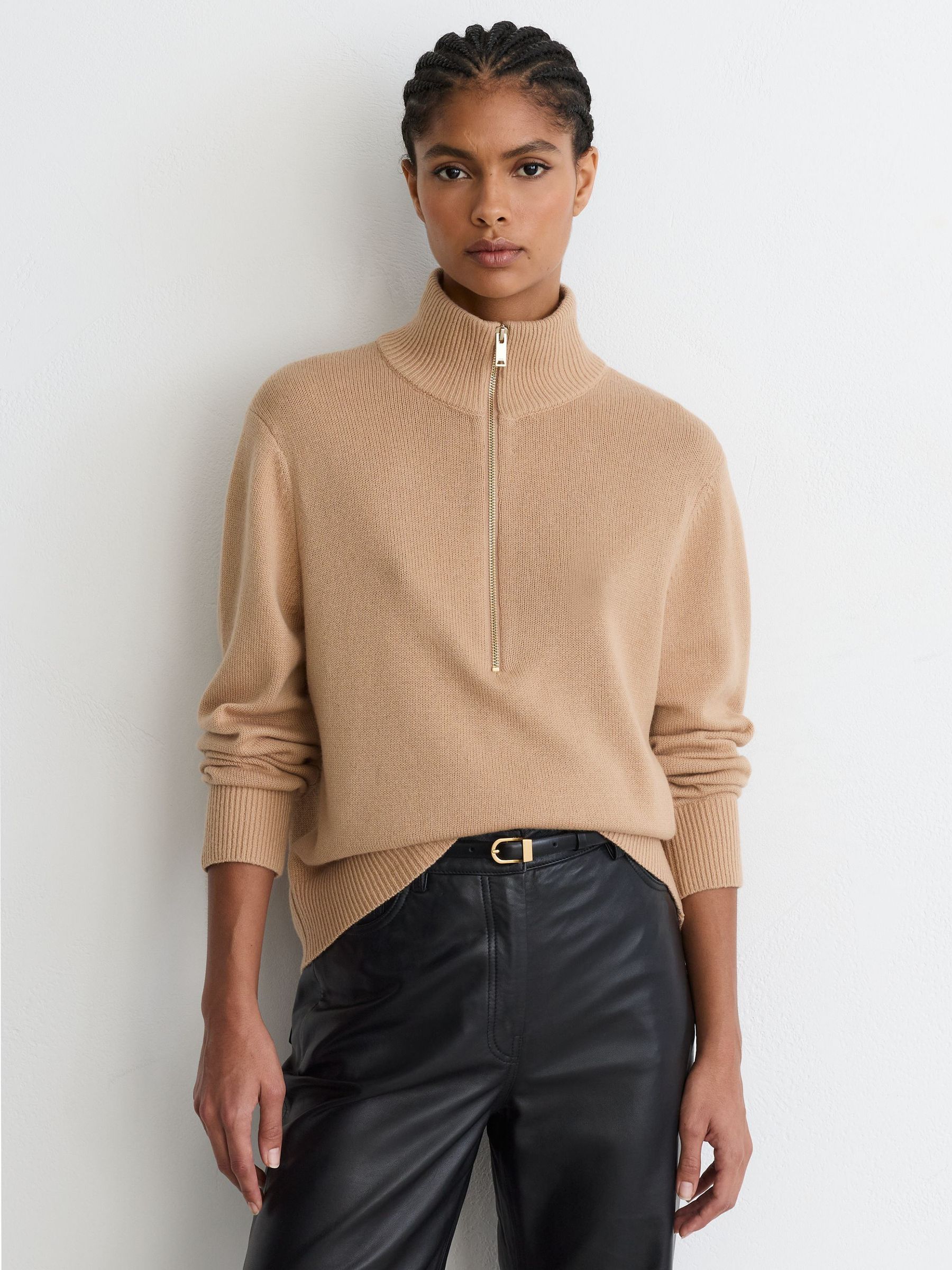 Wool-Cashmere Half-Zip Jumper in Camel - Image 3 of 7