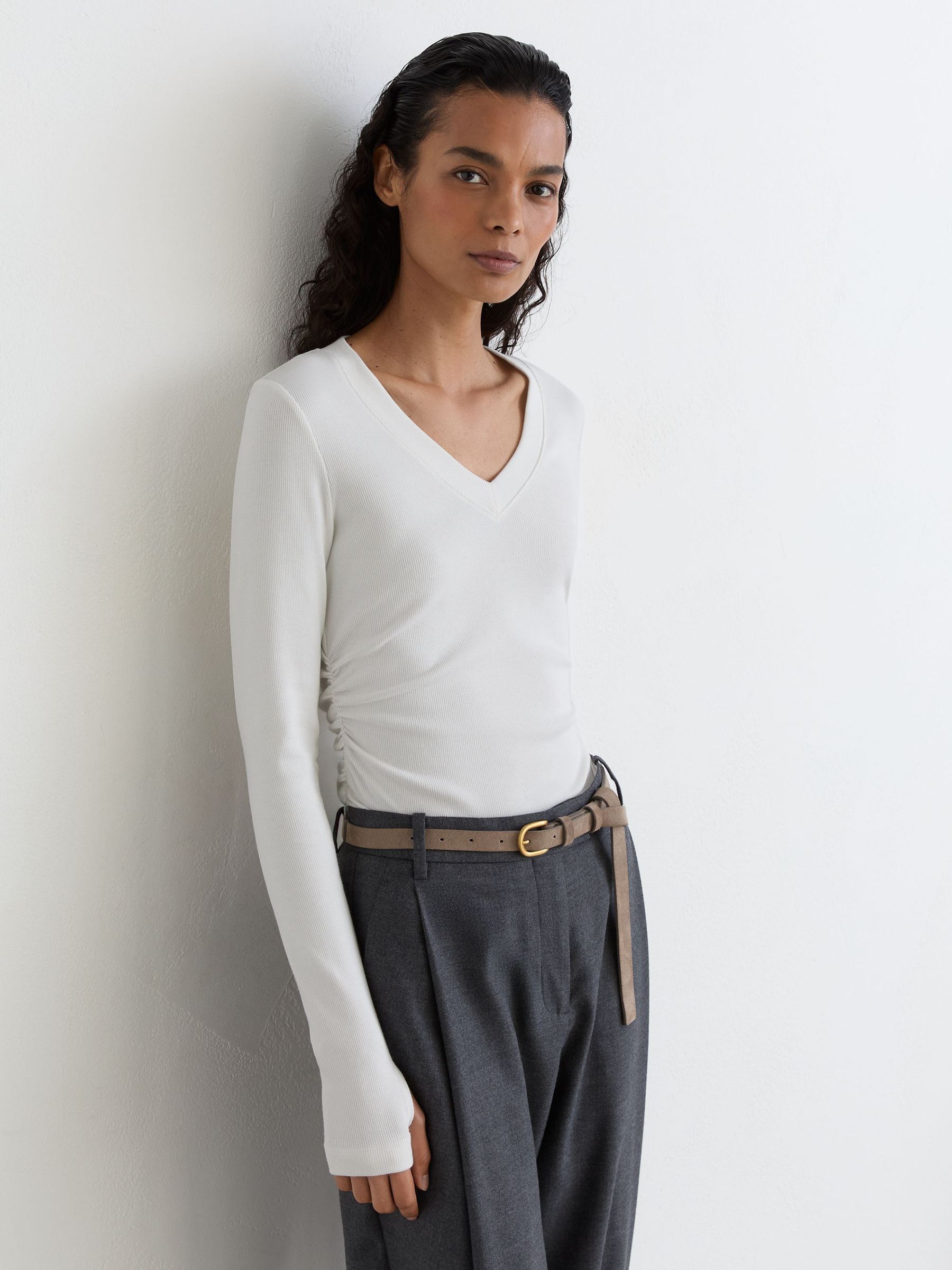 Cotton-Stretch V-Neck Ruched Top in White - Image 1 of 6 Cotton-Stretch V-Neck Ruched Top in White - Image 1 of 6