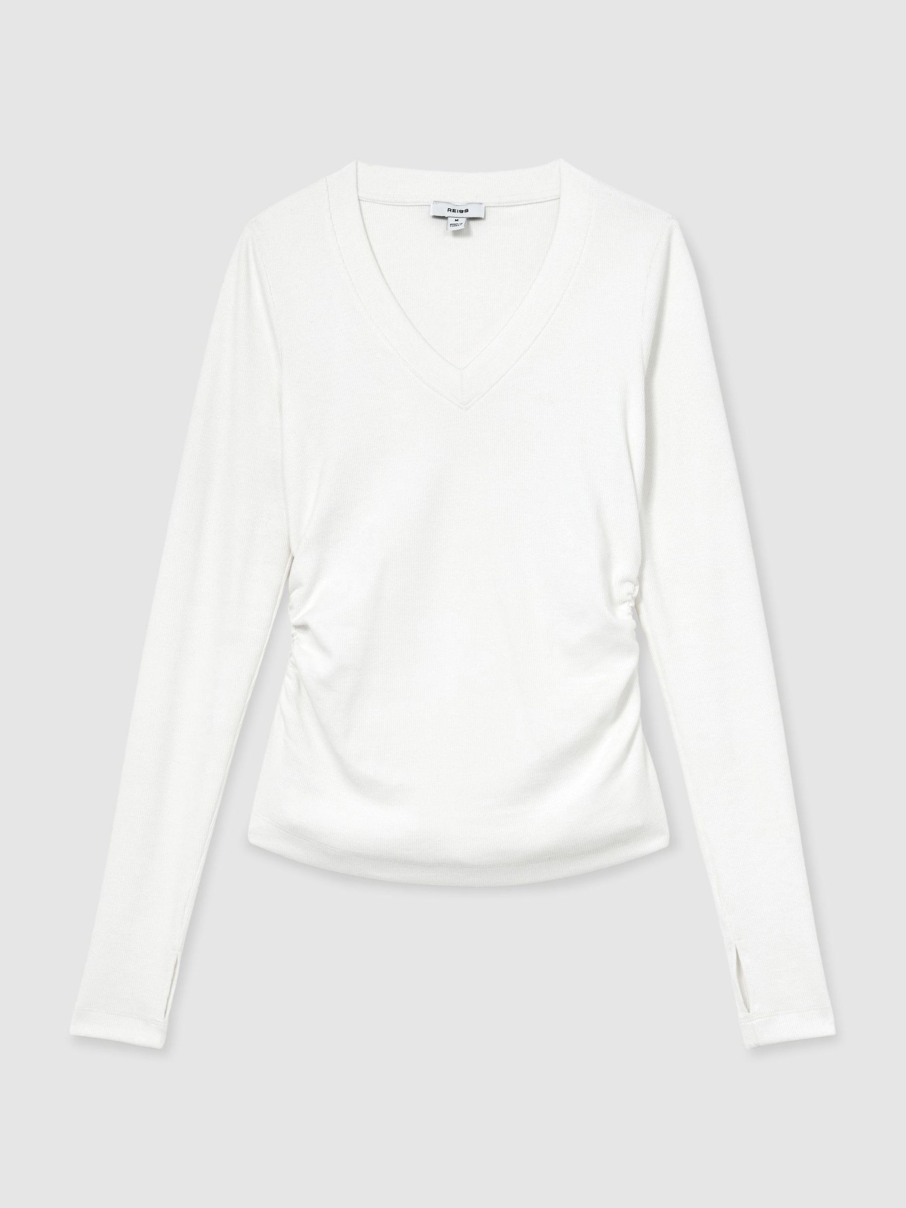 Cotton-Stretch V-Neck Ruched Top in White - Image 2 of 6 Cotton-Stretch V-Neck Ruched Top in White - Image 2 of 6