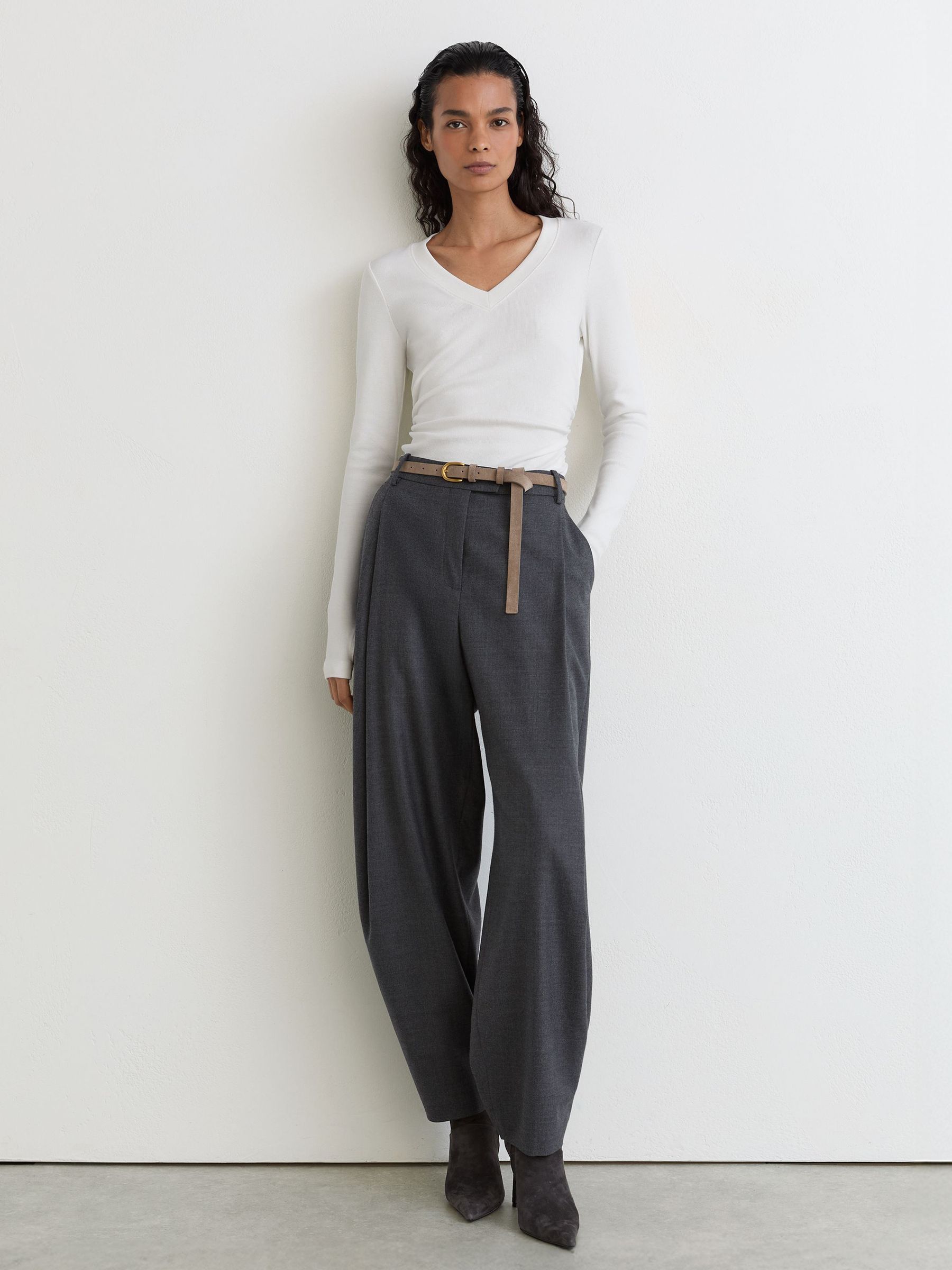 Cotton-Stretch V-Neck Ruched Top in White - Image 4 of 6