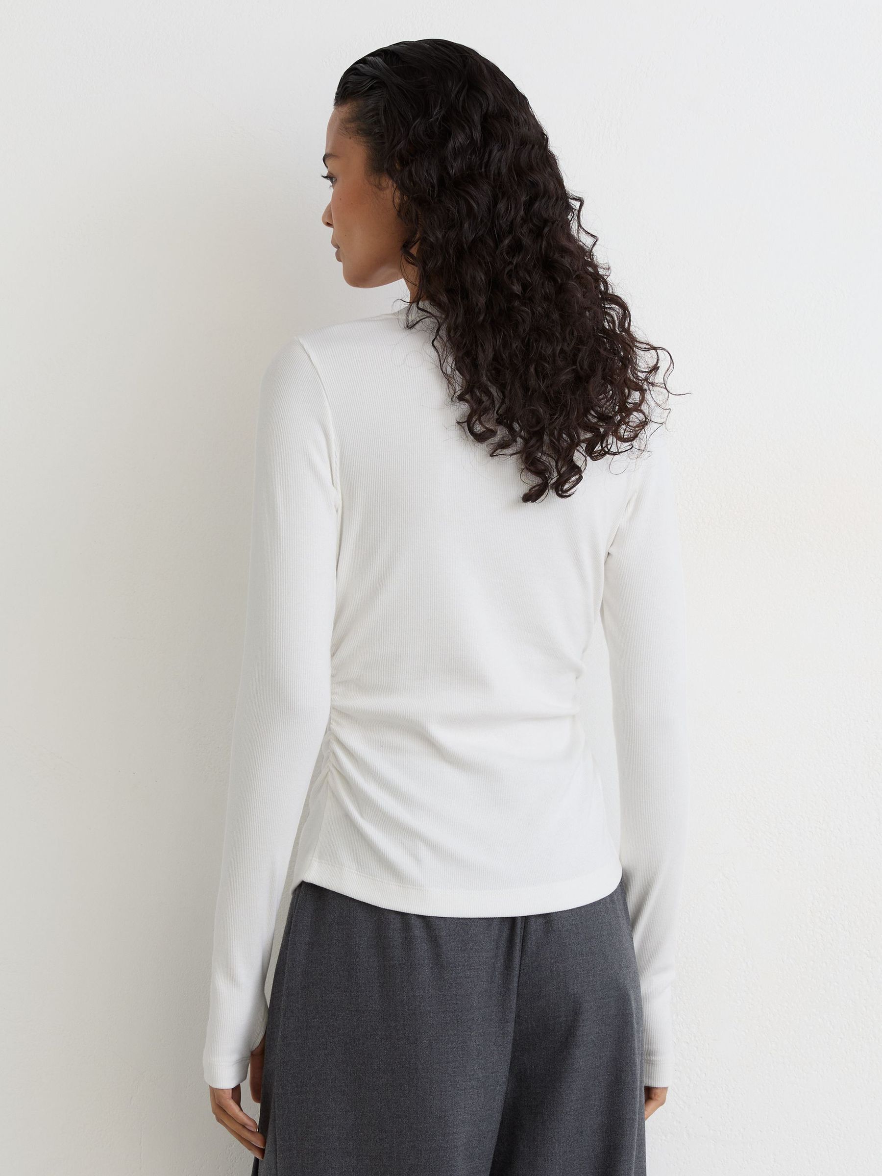 Cotton-Stretch V-Neck Ruched Top in White - Image 5 of 6