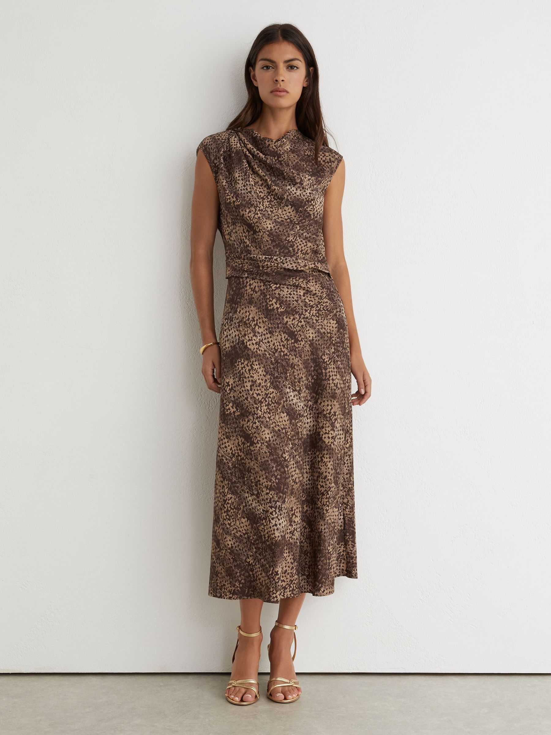 Draped-Detail Printed Midi Dress in Brown Print - Image 1 of 7 Draped-Detail Printed Midi Dress in Brown Print - Image 1 of 7