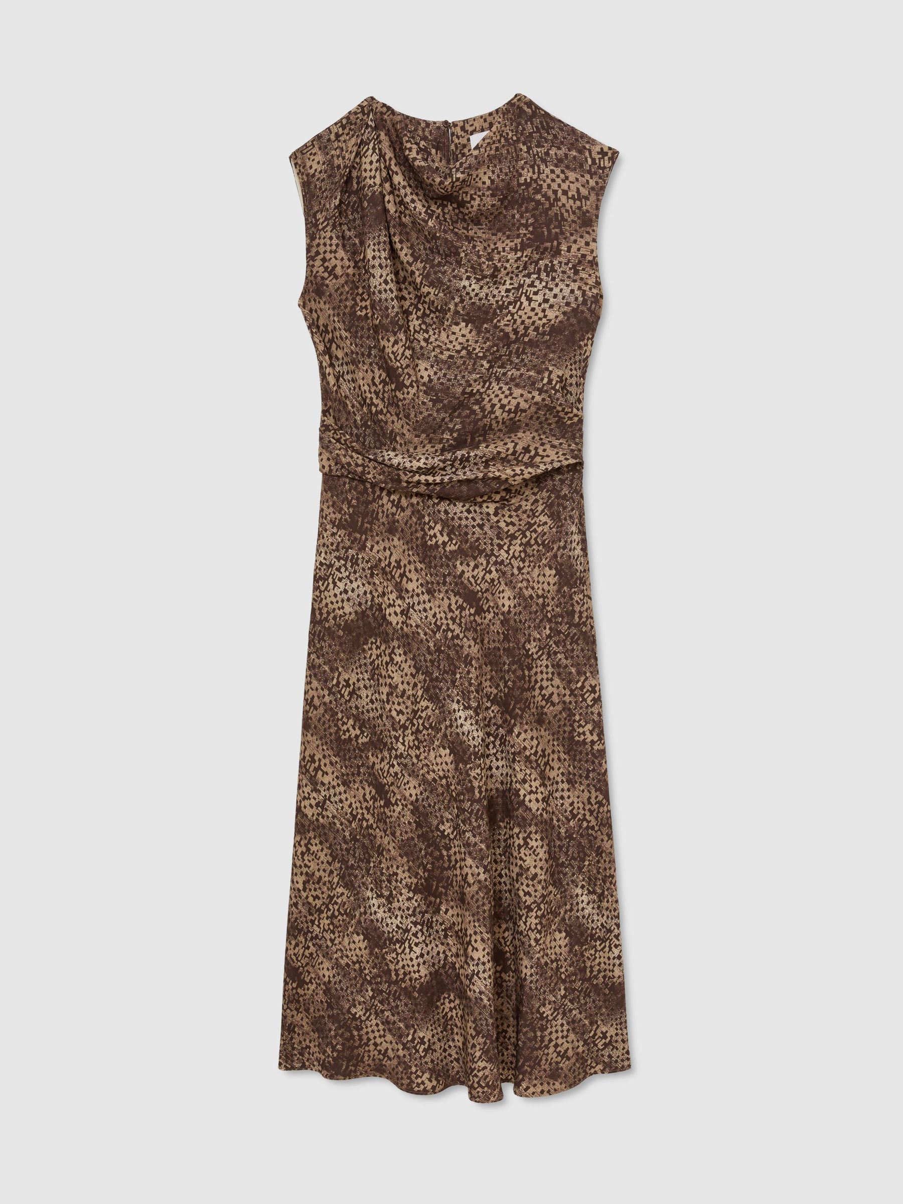 Draped-Detail Printed Midi Dress in Brown Print - Image 2 of 7 Draped-Detail Printed Midi Dress in Brown Print - Image 2 of 7
