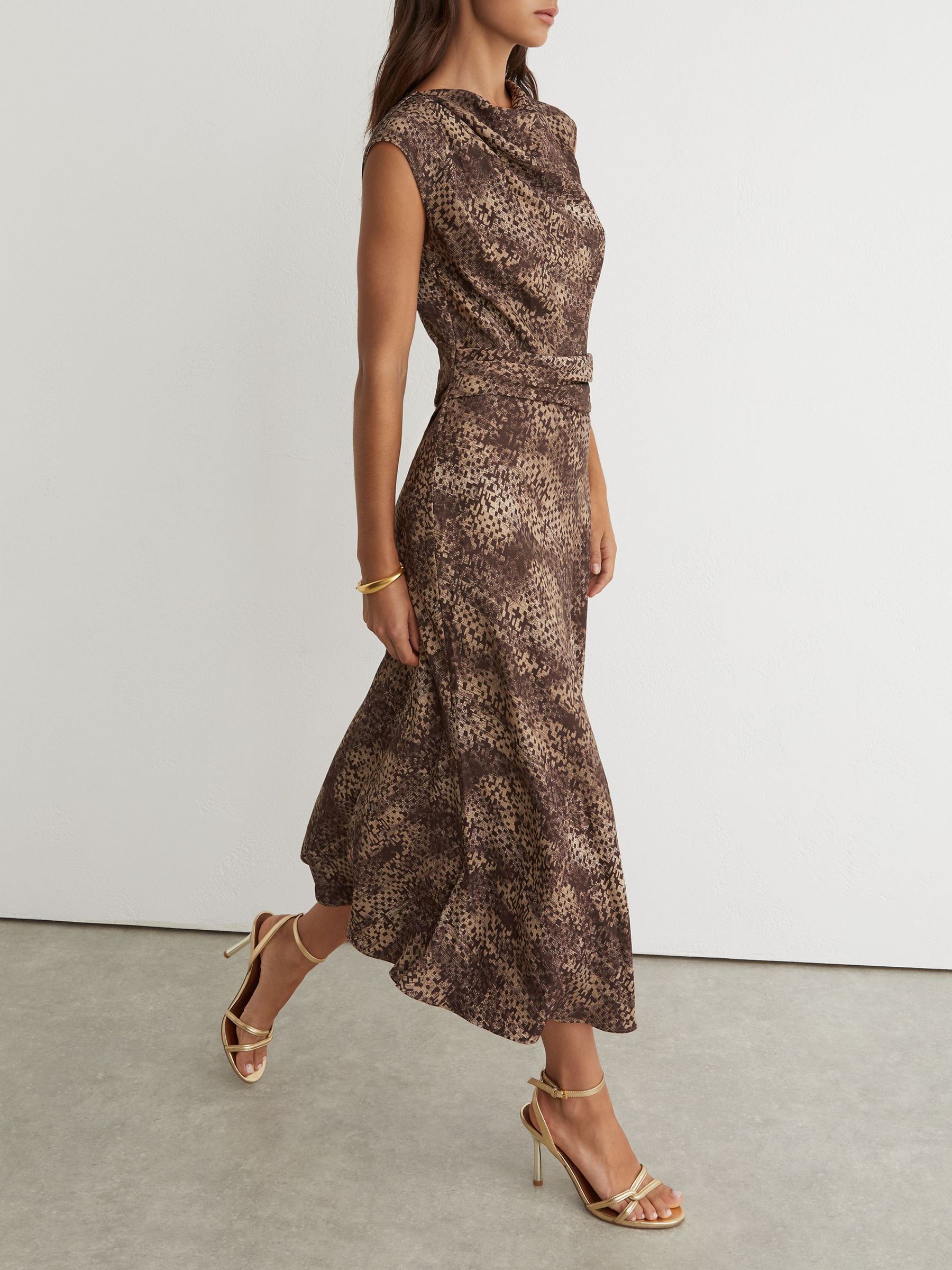 Draped-Detail Printed Midi Dress in Brown Print - Image 4 of 7