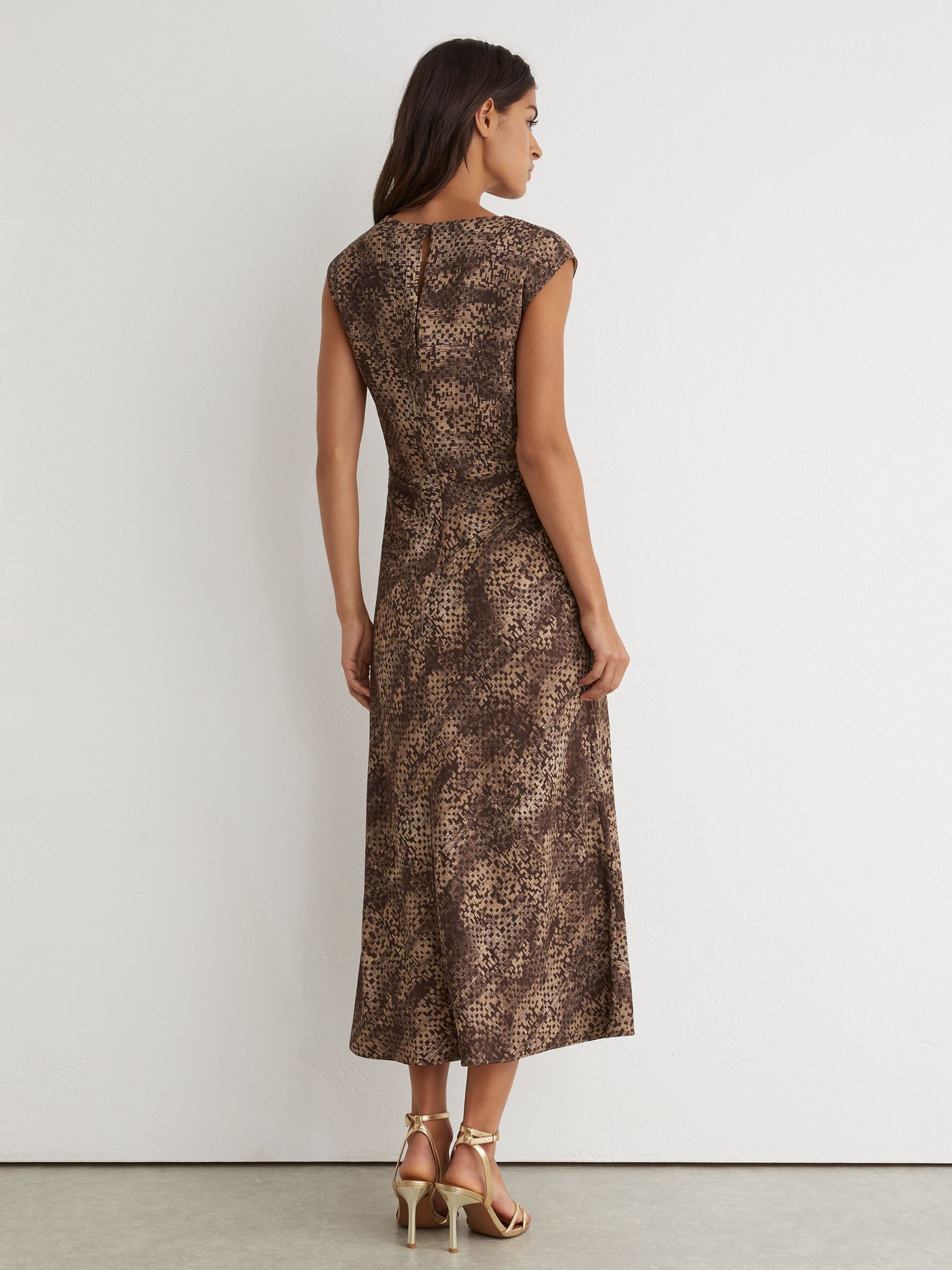 Draped-Detail Printed Midi Dress in Brown Print - Image 6 of 7