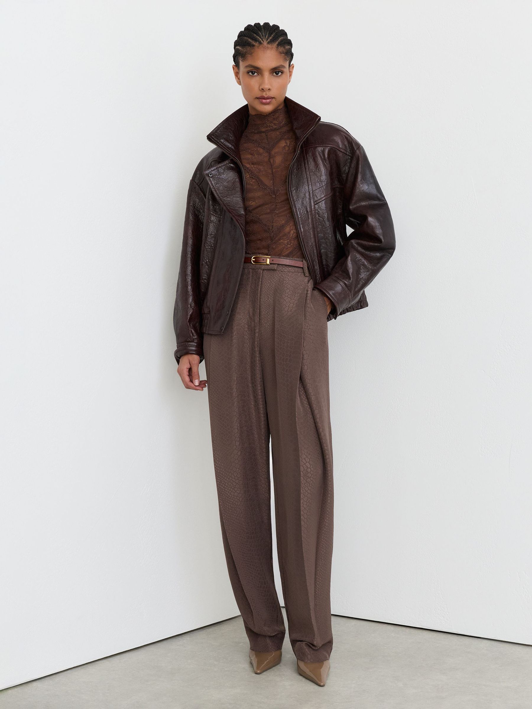 Petite Jacquard Deep-Pleat Barrel-Leg Trousers in Mocha Brown by Reiss