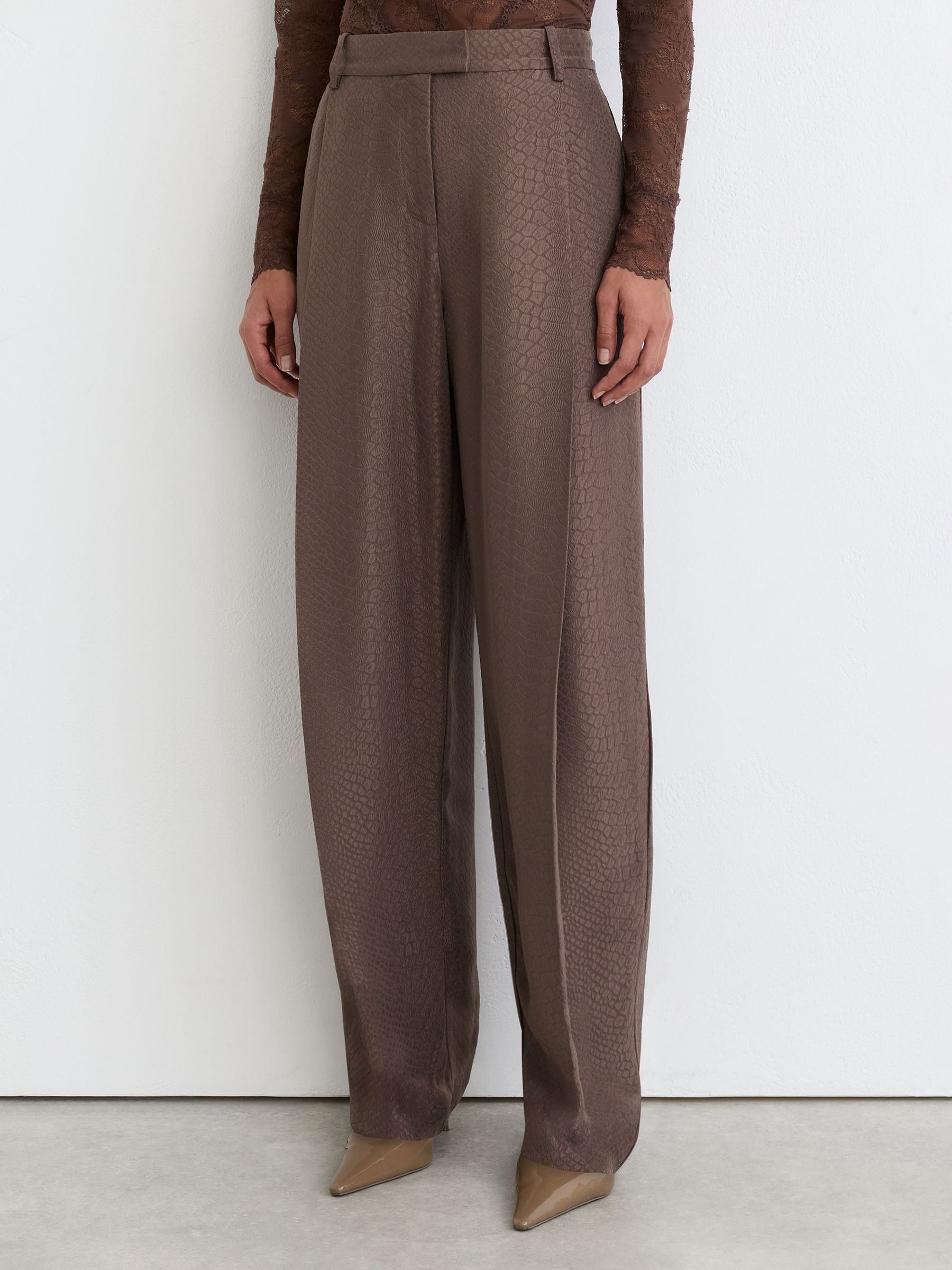Petite Jacquard Deep-Pleat Barrel-Leg Trousers in Mocha Brown - Image 3 of 8