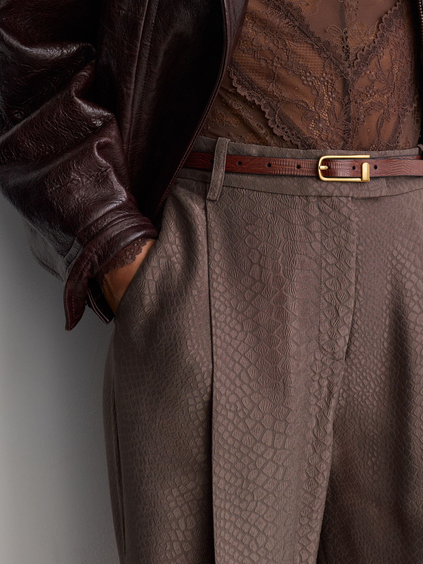 Petite Jacquard Deep-Pleat Barrel-Leg Trousers in Mocha Brown - Image 4 of 8