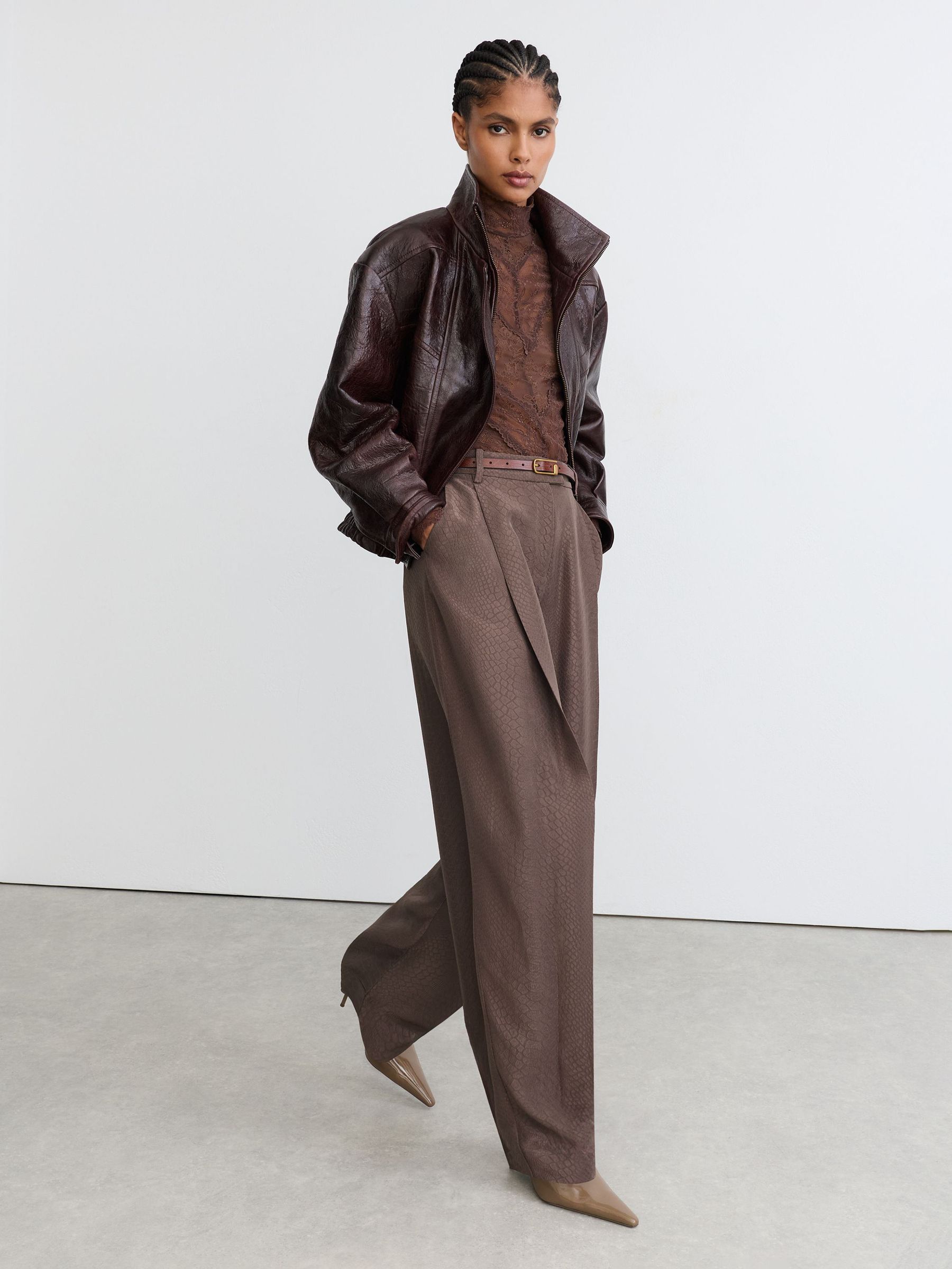 Petite Jacquard Deep-Pleat Barrel-Leg Trousers in Mocha Brown - Image 5 of 8