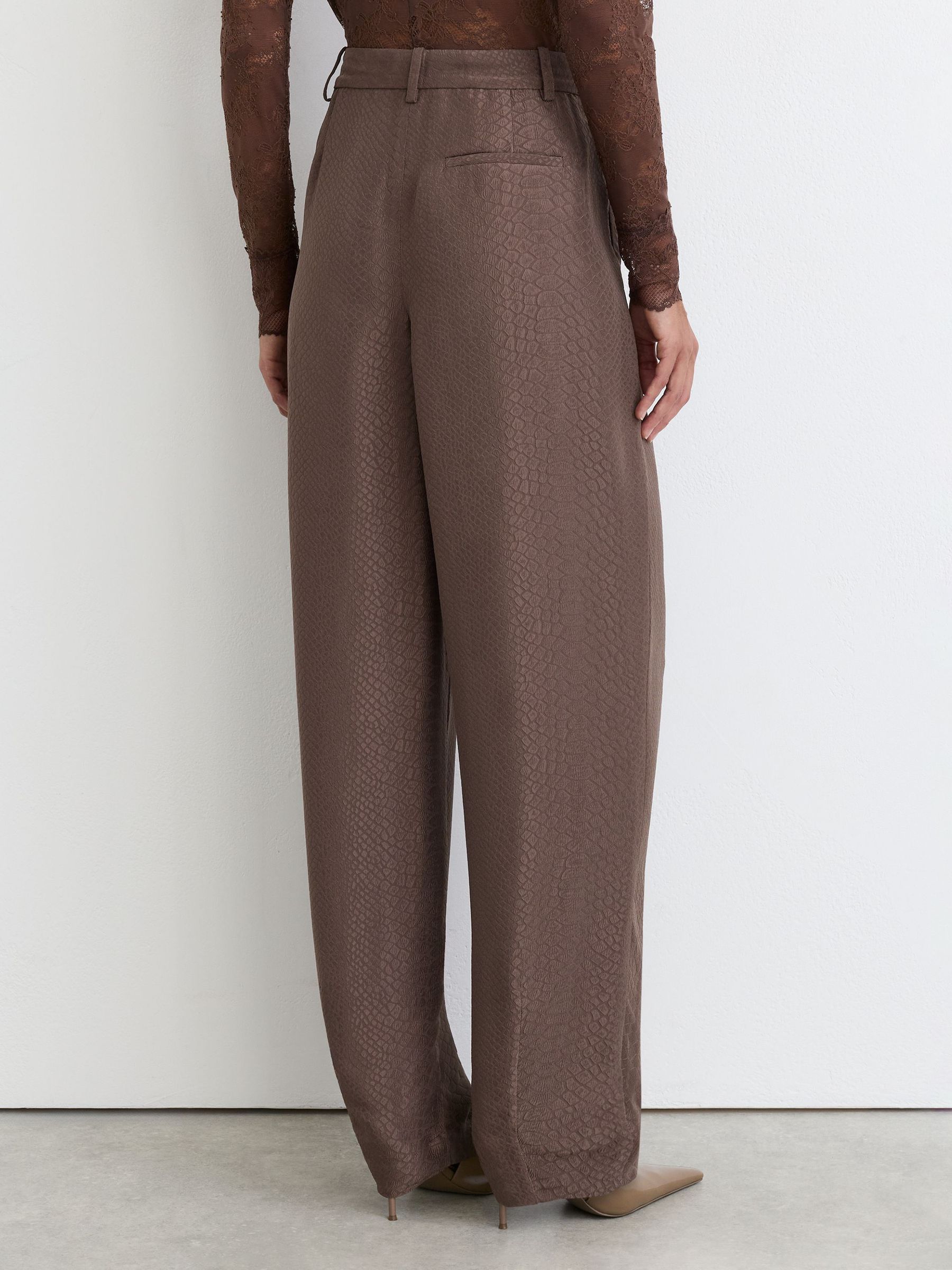 Petite Jacquard Deep-Pleat Barrel-Leg Trousers in Mocha Brown - Image 6 of 8