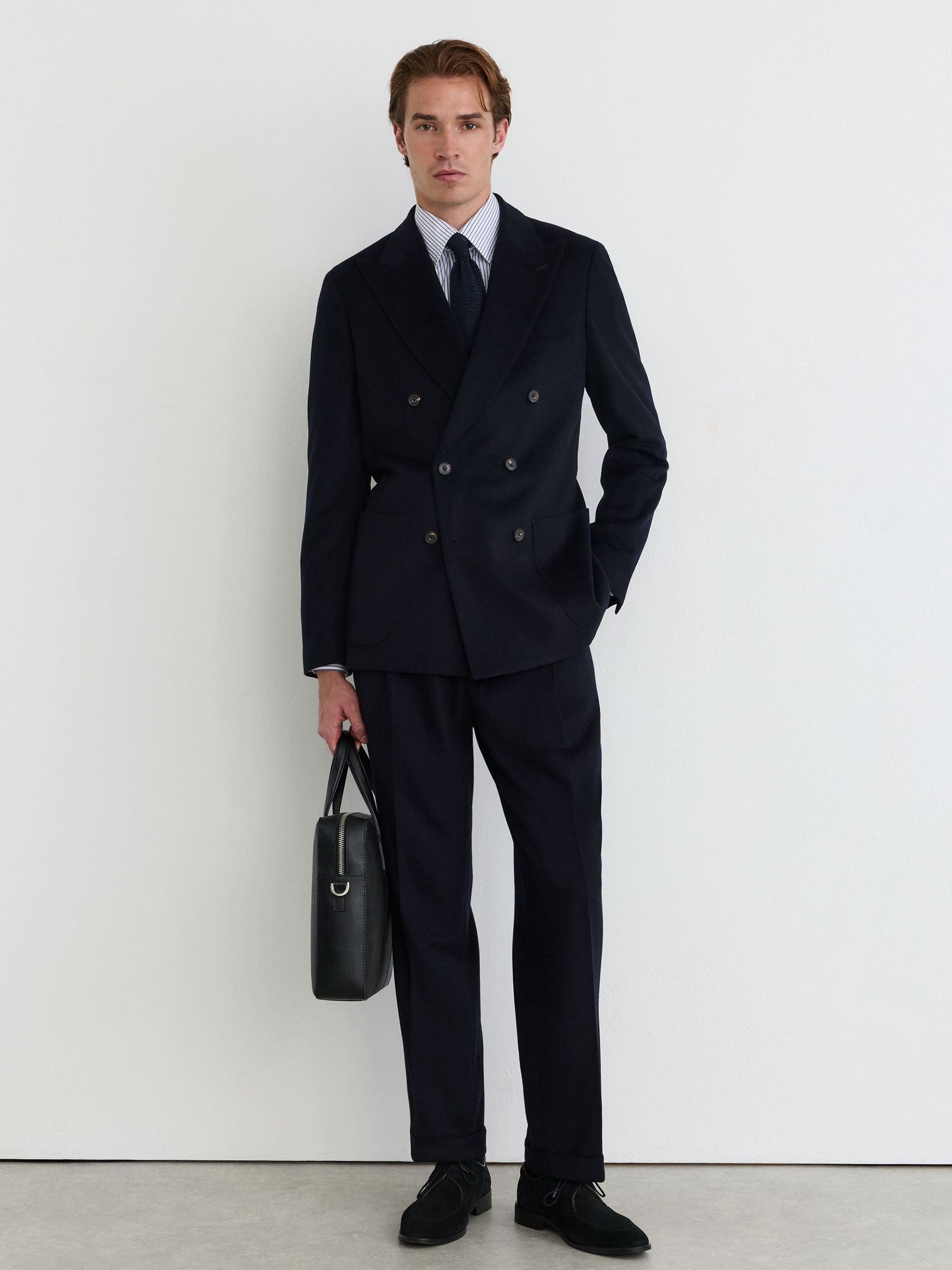 Wool-Blend Flannel Side-Adjuster Suit Trousers Tailored-Fit in Navy - Image 1 of 7 Wool-Blend Flannel Side-Adjuster Suit Trousers Tailored-Fit in Navy - Image 1 of 7