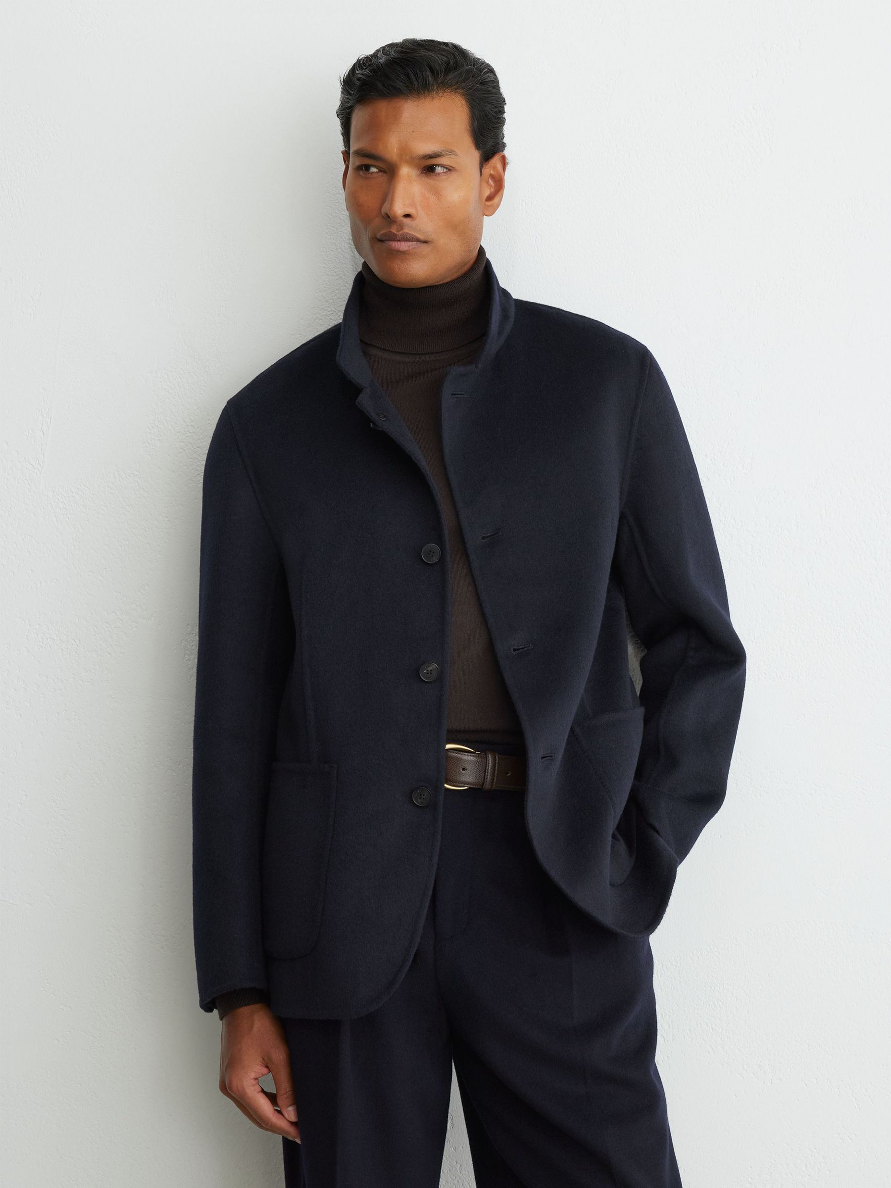 Wool-Blend Blind-Seam Stand-Collar Jacket in Navy - Image 1 of 8