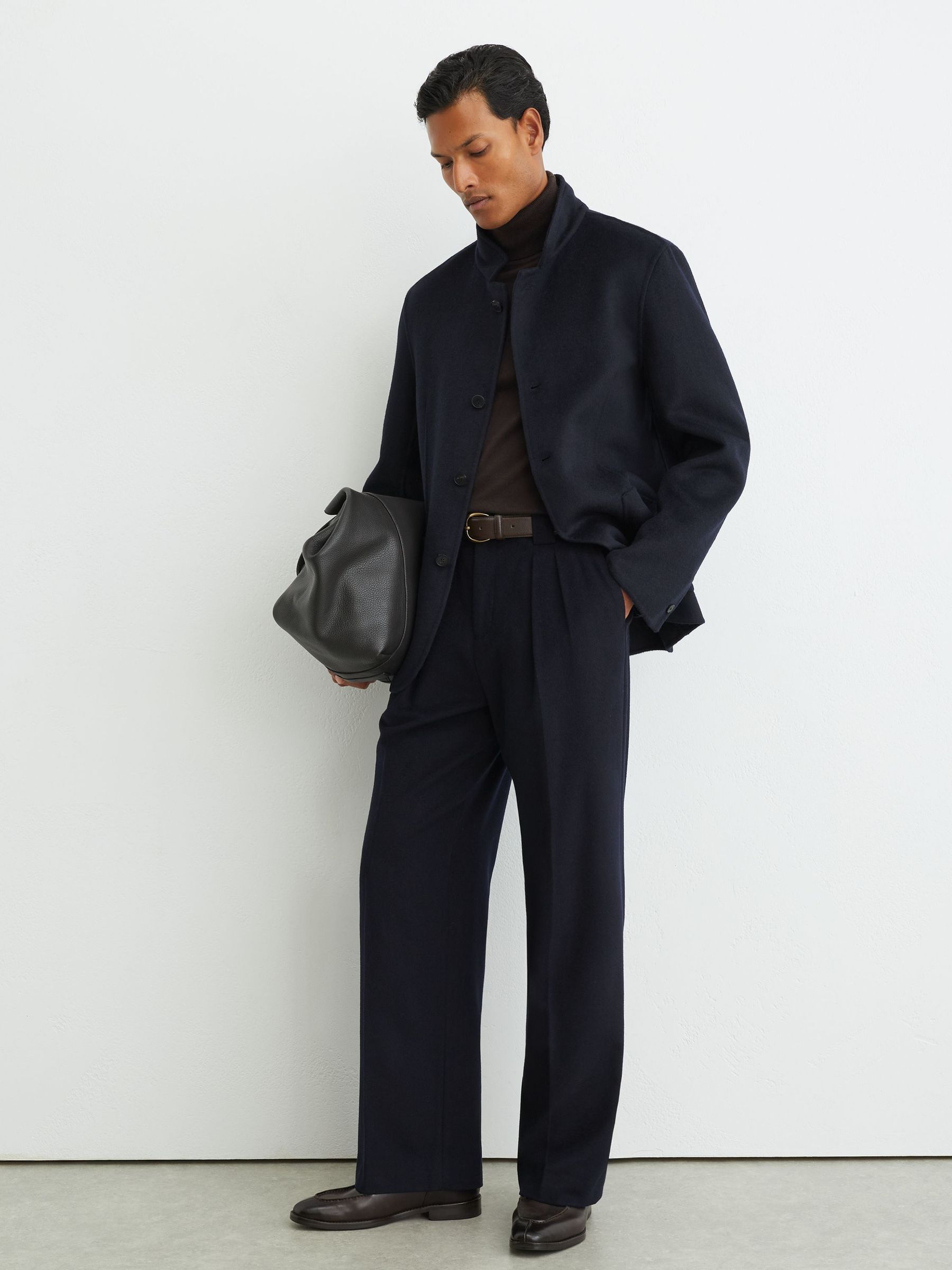 Wool-Blend Blind-Seam Stand-Collar Jacket in Navy - Image 3 of 8