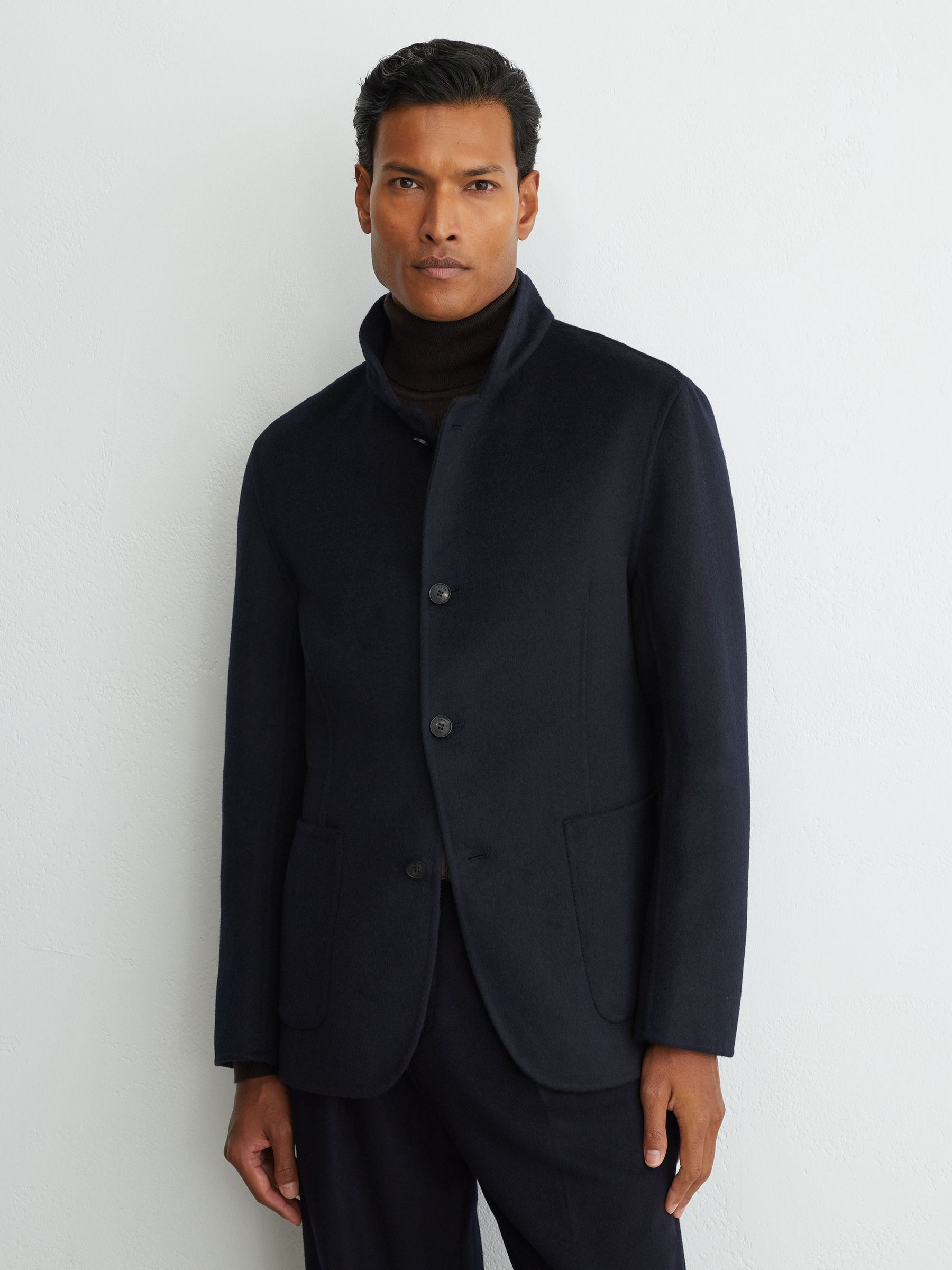 Wool-Blend Blind-Seam Stand-Collar Jacket in Navy - Image 4 of 8