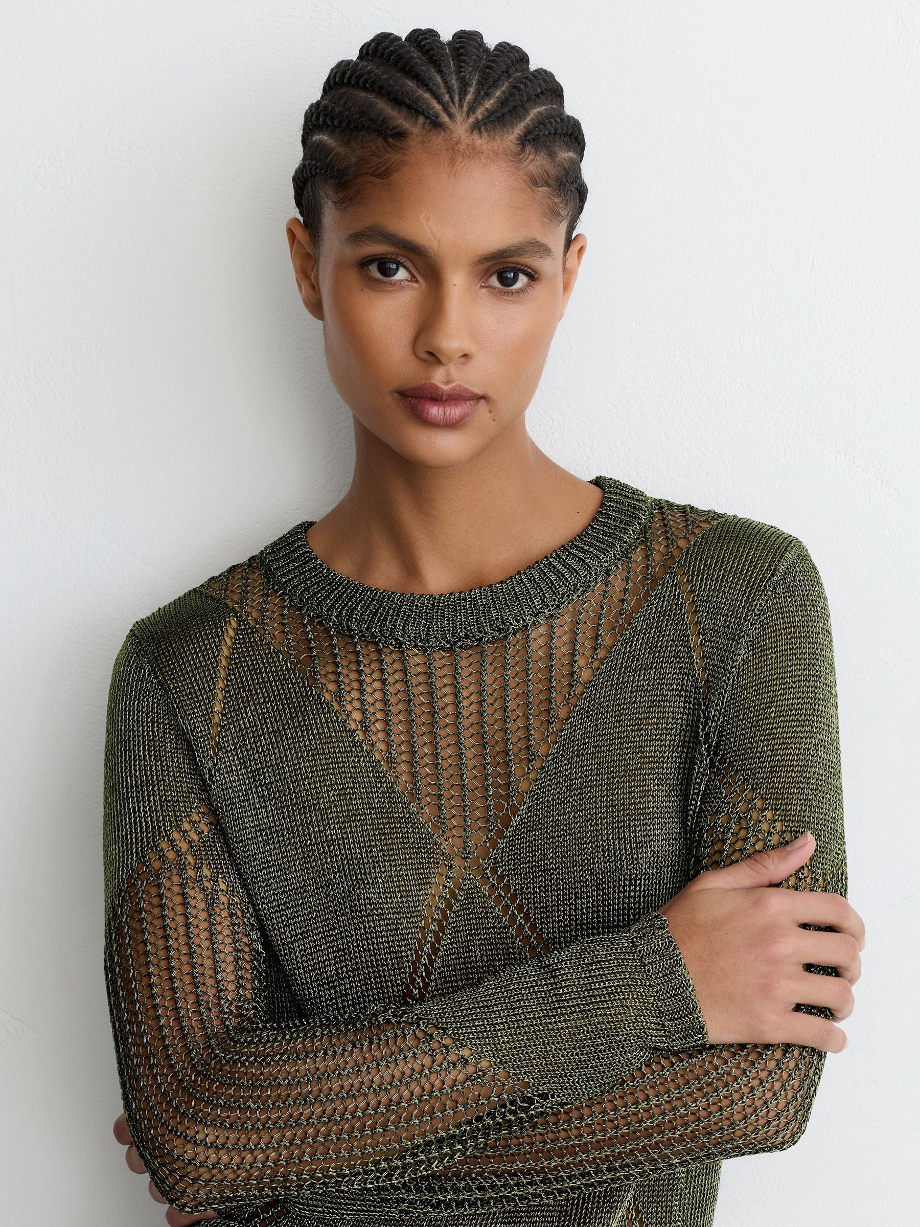 Metallic Argyle Open-Knit Long-Sleeve Jumper in Green - Image 1 of 7 Metallic Argyle Open-Knit Long-Sleeve Jumper in Green - Image 1 of 7