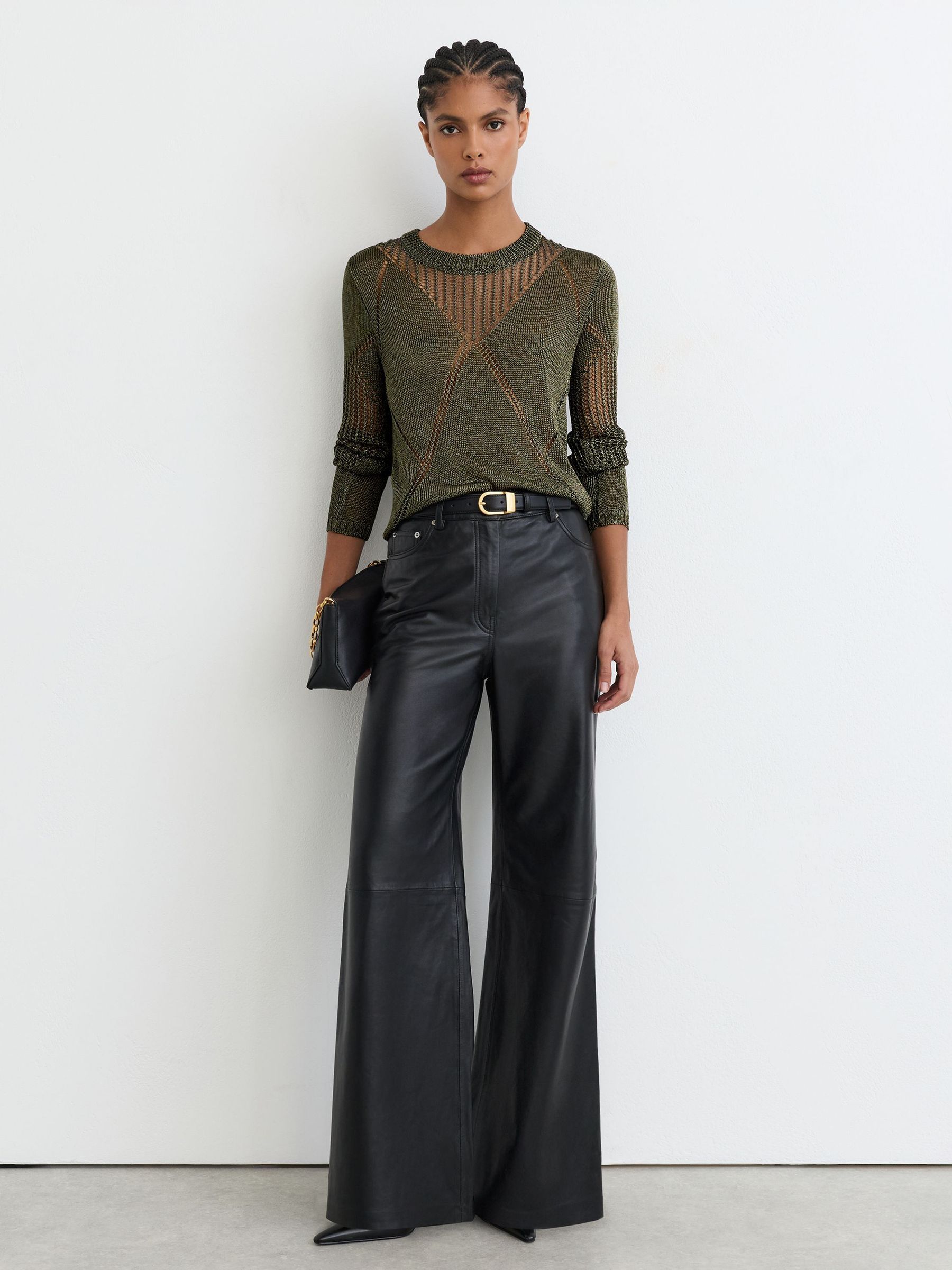 Metallic Argyle Open-Knit Long-Sleeve Jumper in Green - Image 3 of 7