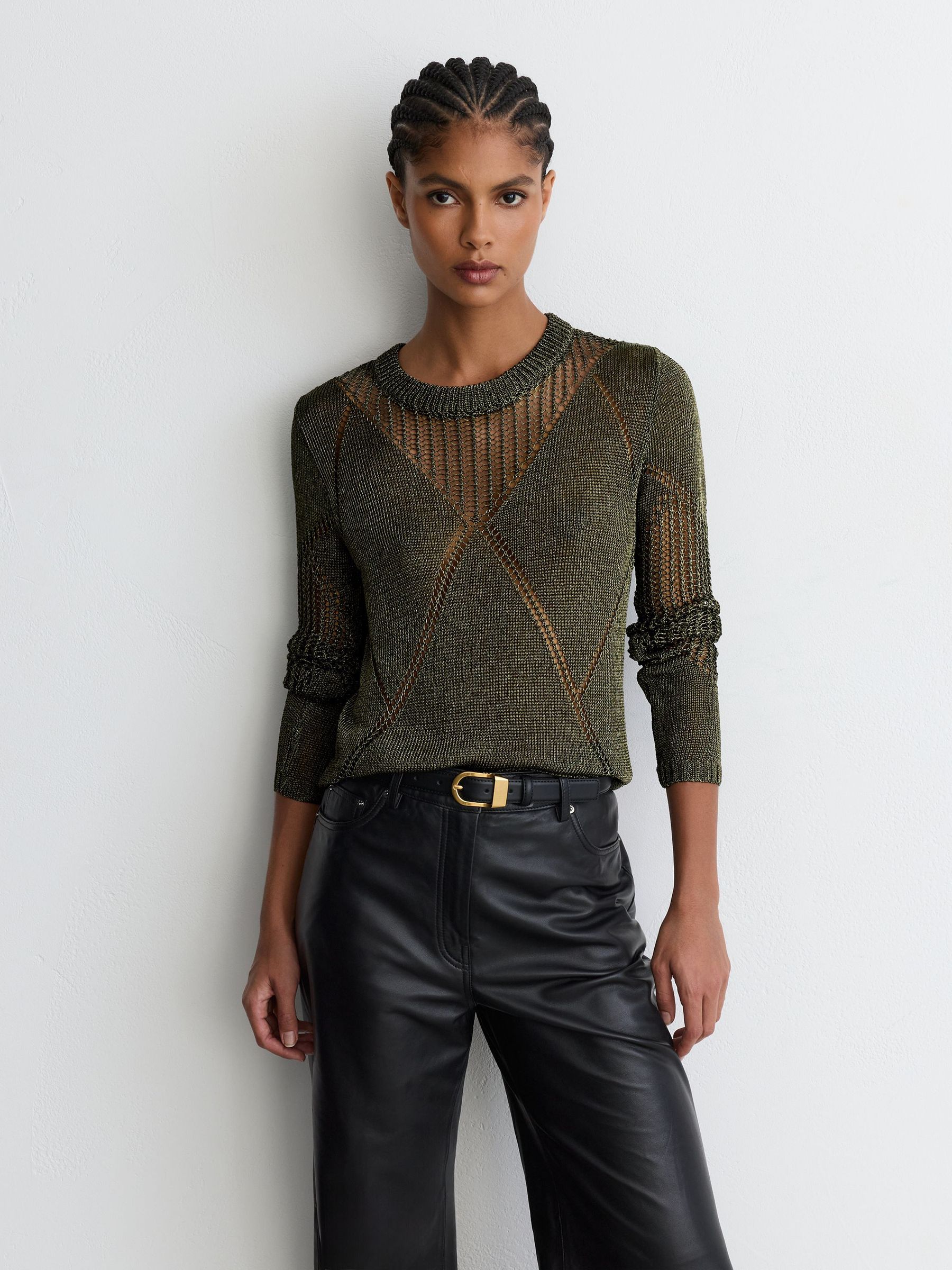 Metallic Argyle Open-Knit Long-Sleeve Jumper in Green - Image 4 of 7
