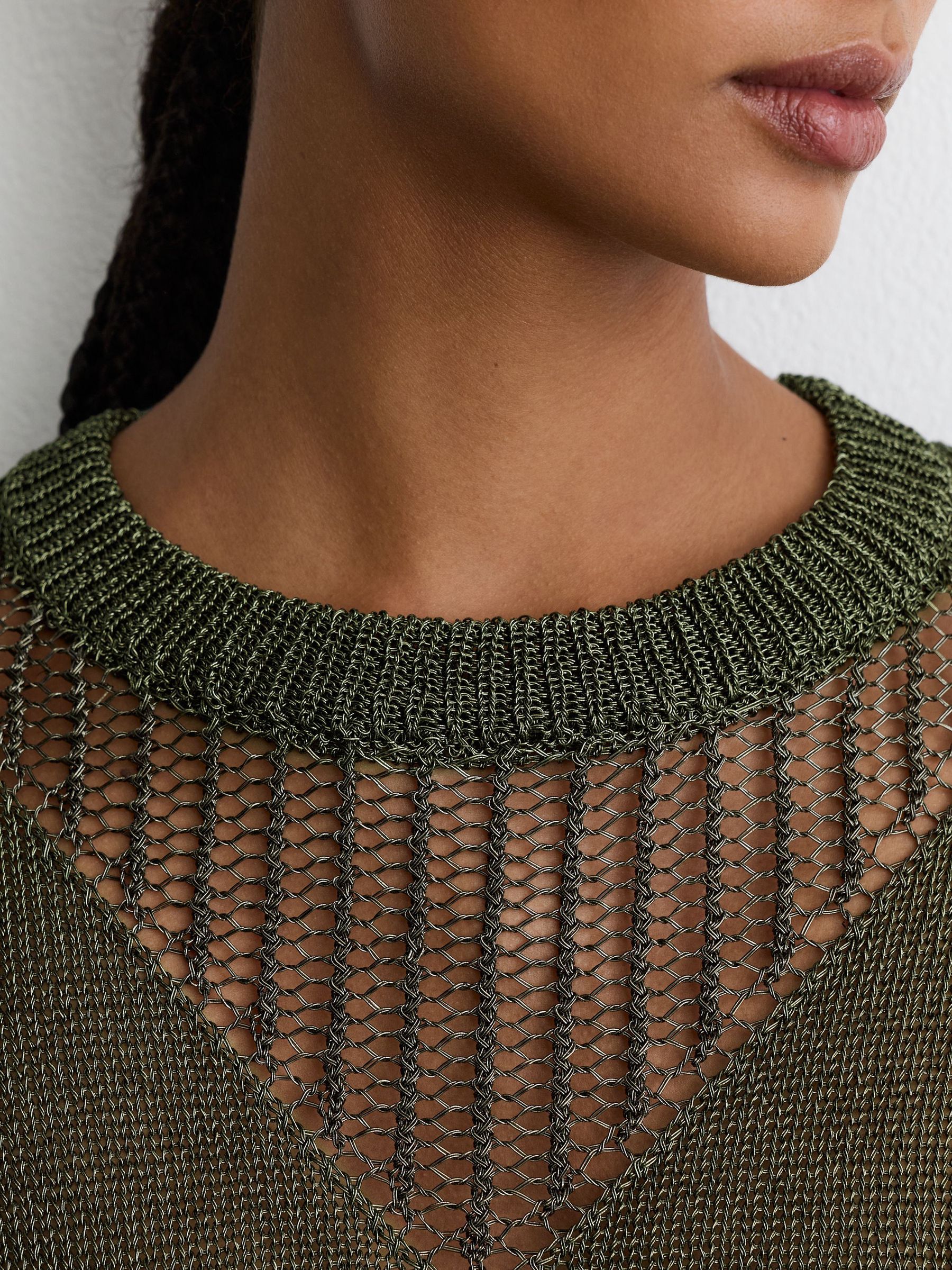 Metallic Argyle Open-Knit Long-Sleeve Jumper in Green - Image 5 of 7