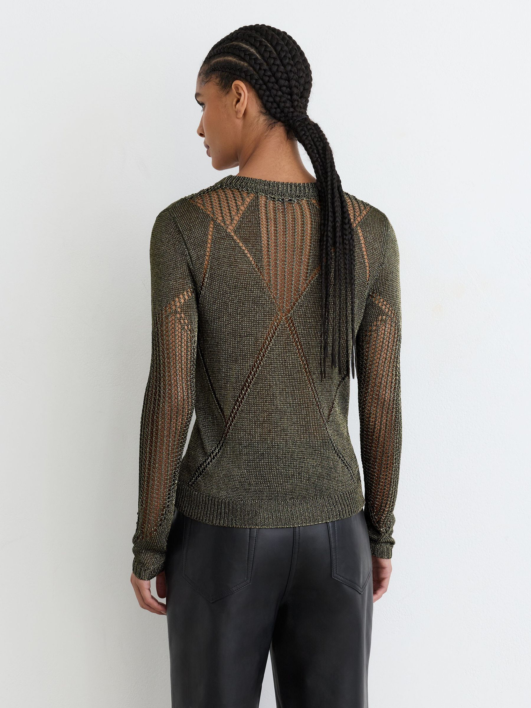Metallic Argyle Open-Knit Long-Sleeve Jumper in Green - Image 6 of 7