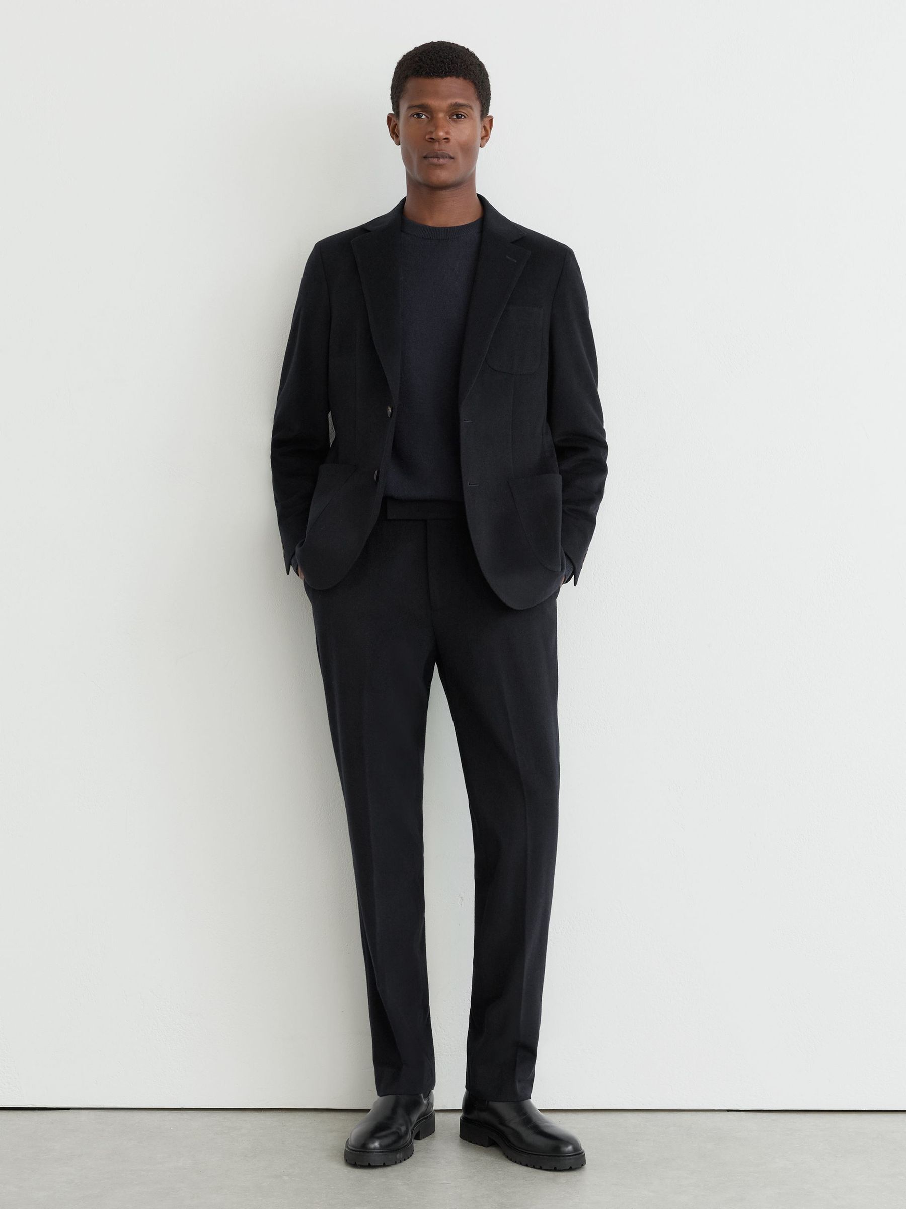 Tailored Fit Stretch Drawstring Trousers in Navy - Image 1 of 6