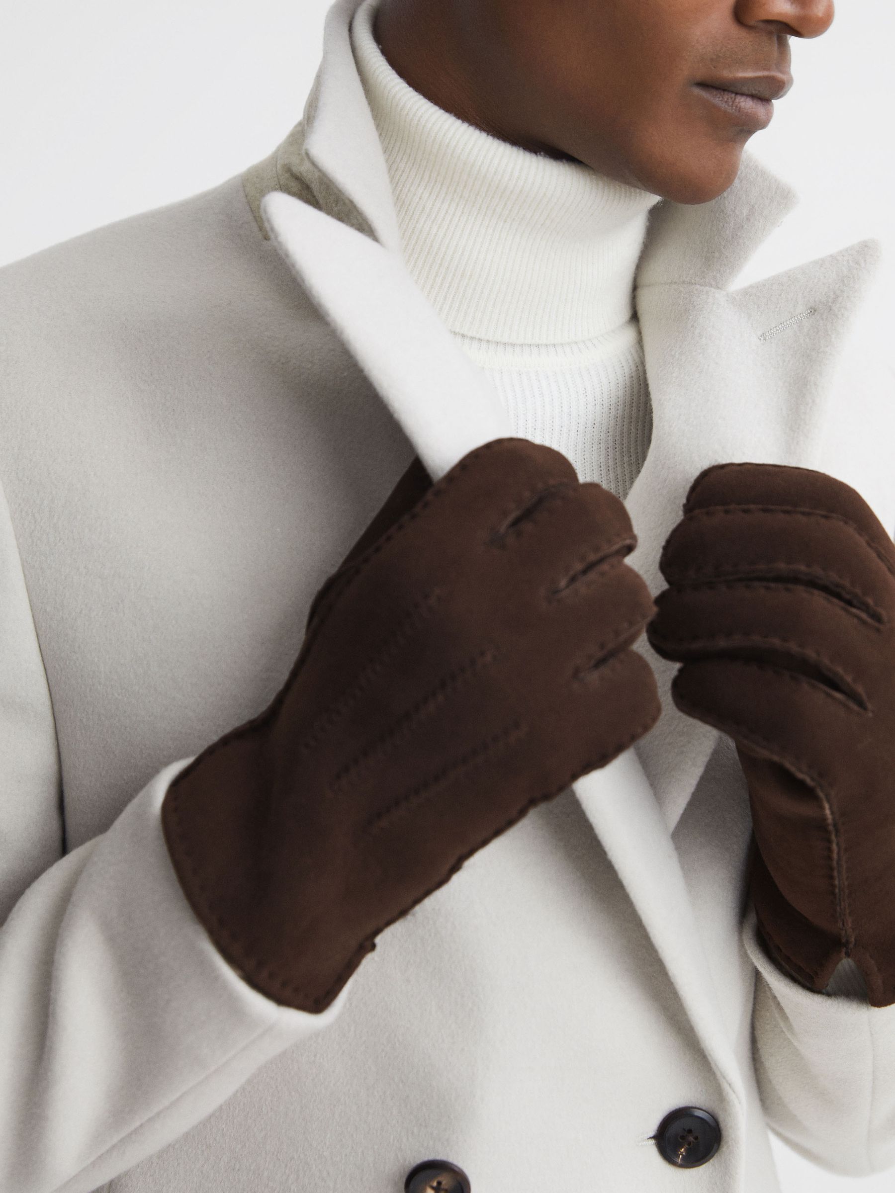 Suede Shearling Gloves in Chocolate - Image 2 of 3
