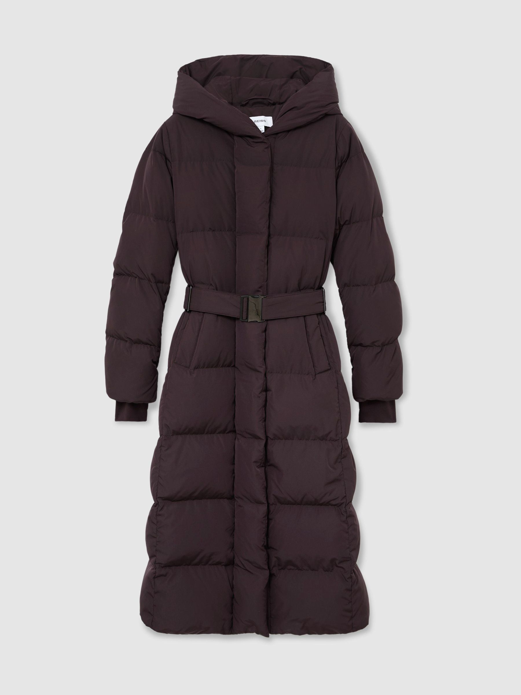 Belted Longline Hooded Puffer Coat in Dark Grape - Image 2 of 7