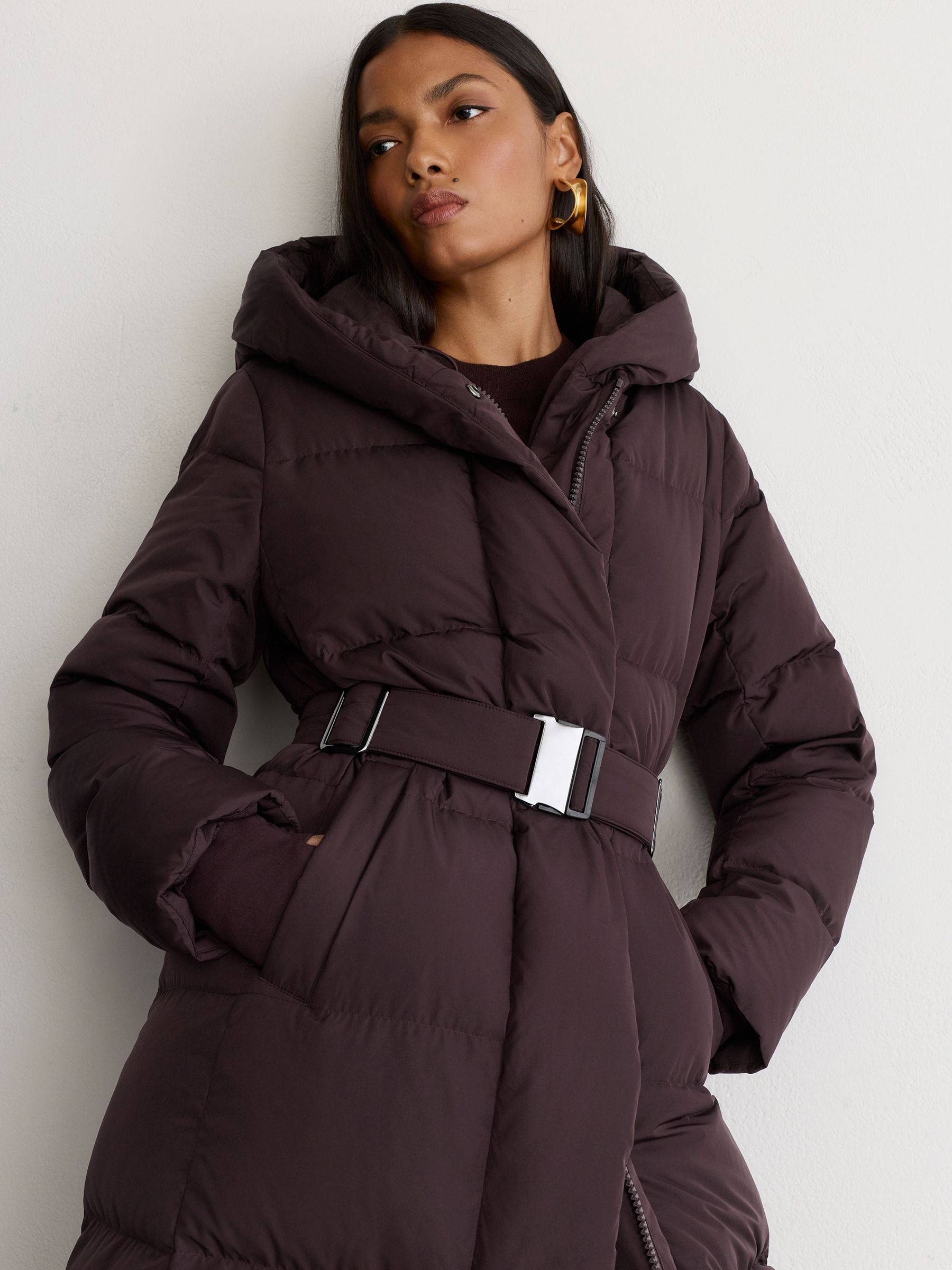 Belted Longline Hooded Puffer Coat in Dark Grape - Image 5 of 7