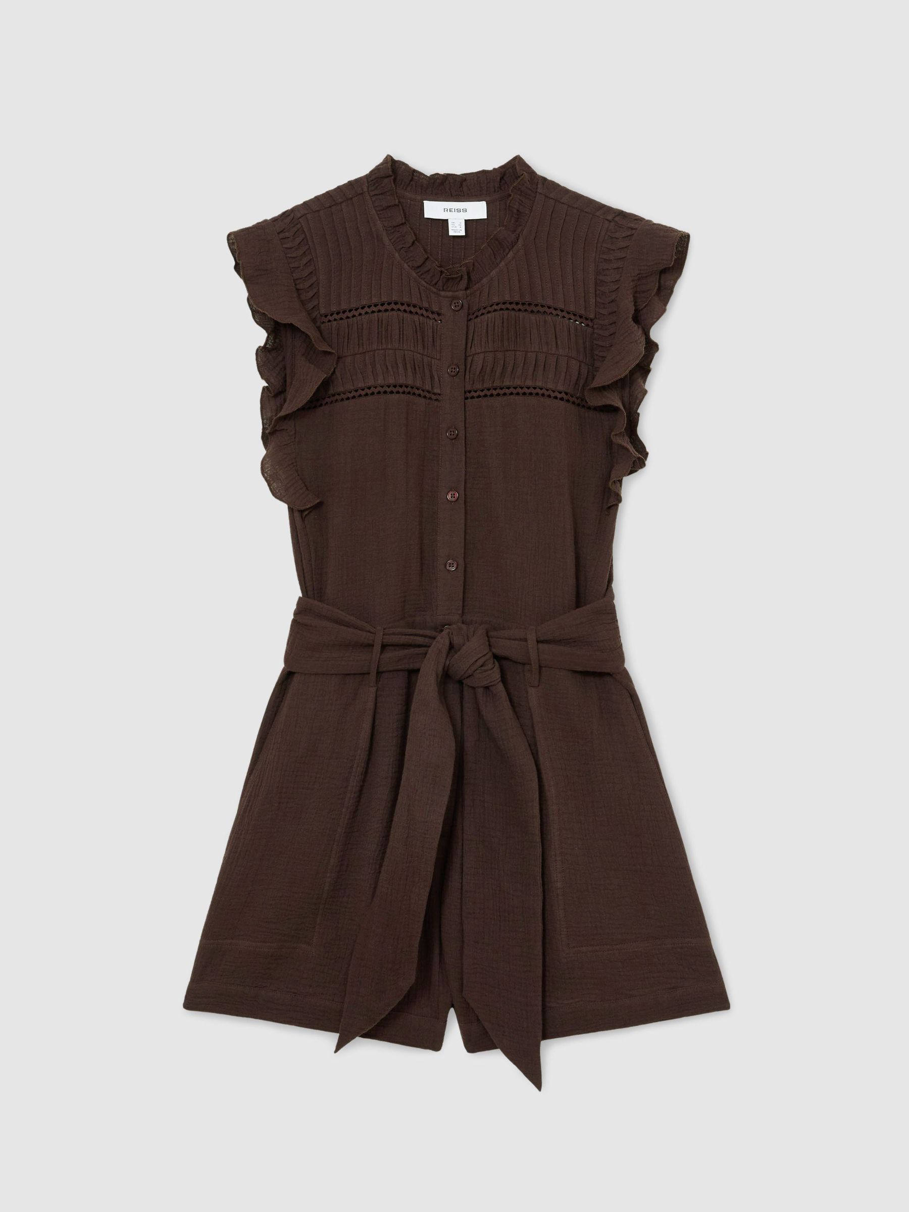 Cotton Cheesecloth Ruffle-Detail Playsuit in Chocolate - Image 2 of 7 Cotton Cheesecloth Ruffle-Detail Playsuit in Chocolate - Image 2 of 7