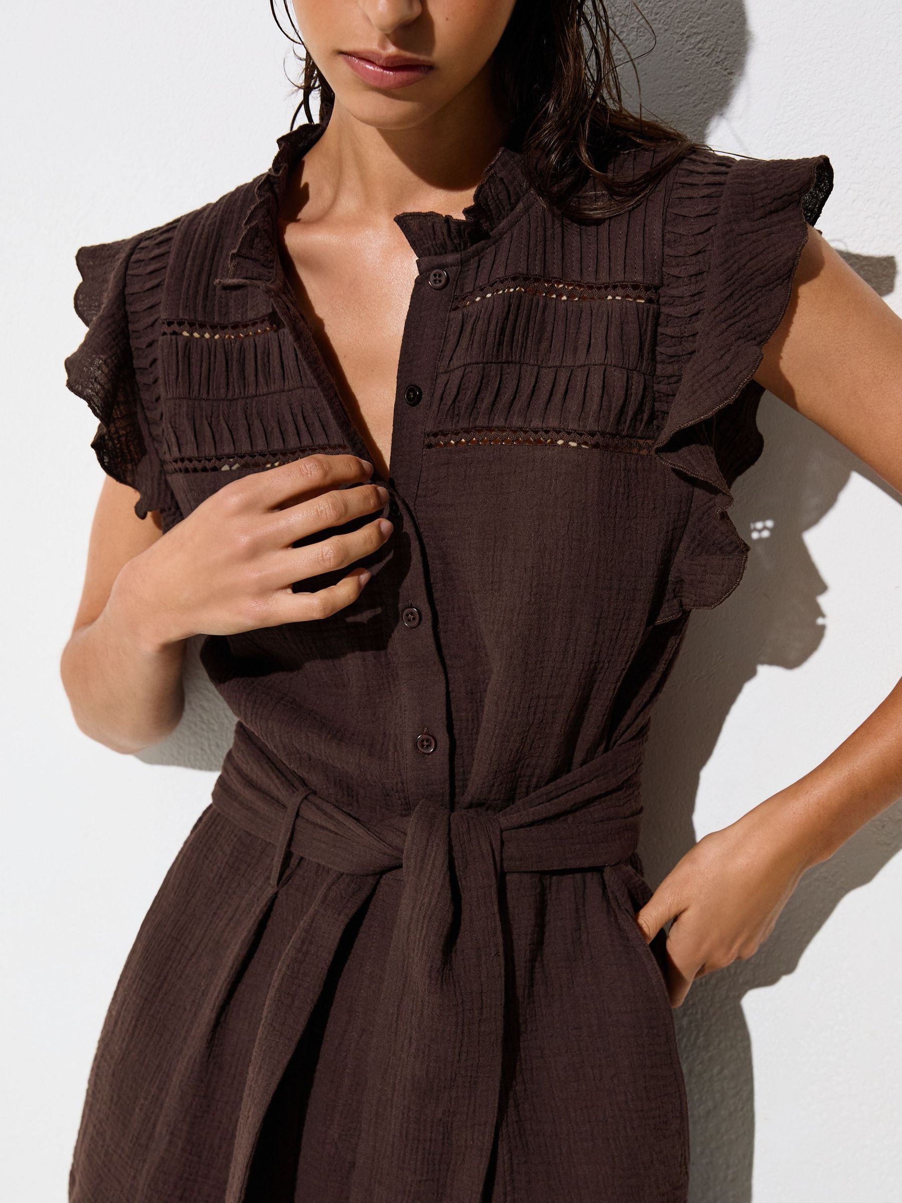 Cotton Cheesecloth Ruffle-Detail Playsuit in Chocolate - Image 3 of 7